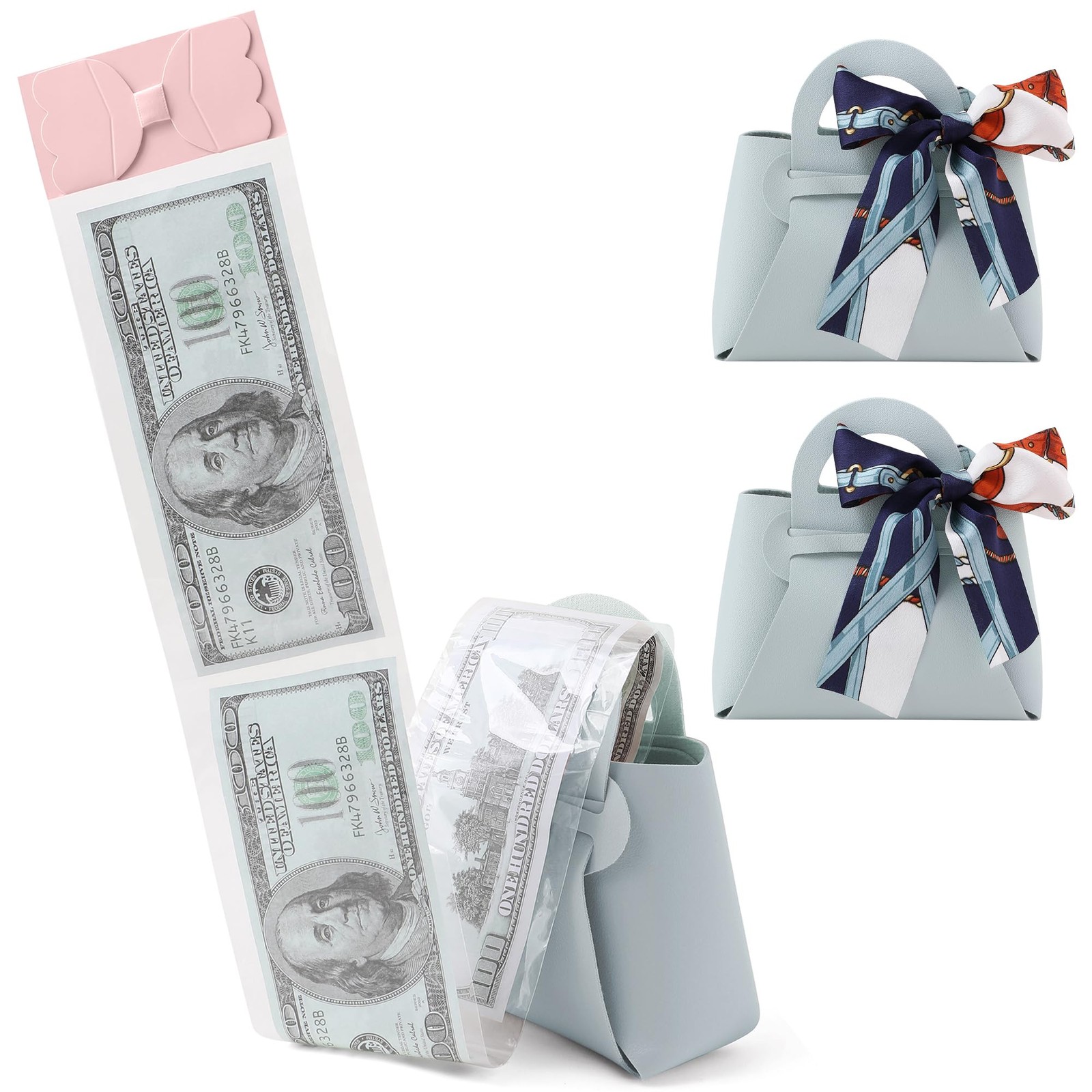 2 PCS Blue Leather Money Pull Box For Cash With Ribbon And 30 PCS Bags