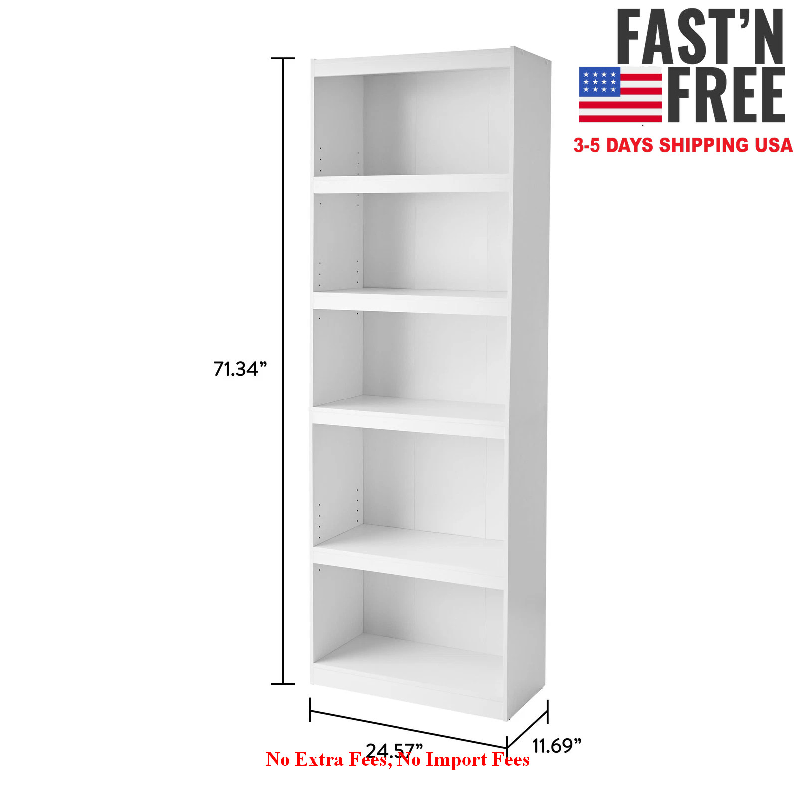 [HOT SALE] Framed 5-Shelf Bookcase with Adjustable Shelves, White, NEW USA