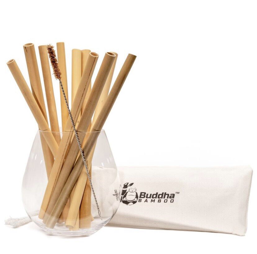 Buddha Bamboo Reusable Drinking Straws 10 Pack Cleaner+Case Smoothie Boba