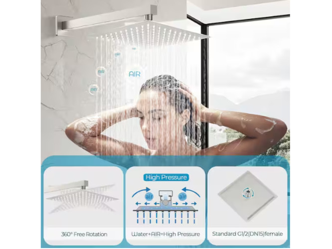 MTTCLE 1 Spray Square High Pressure Wall Bar Shower Kits w/Valve Brushed Nickel