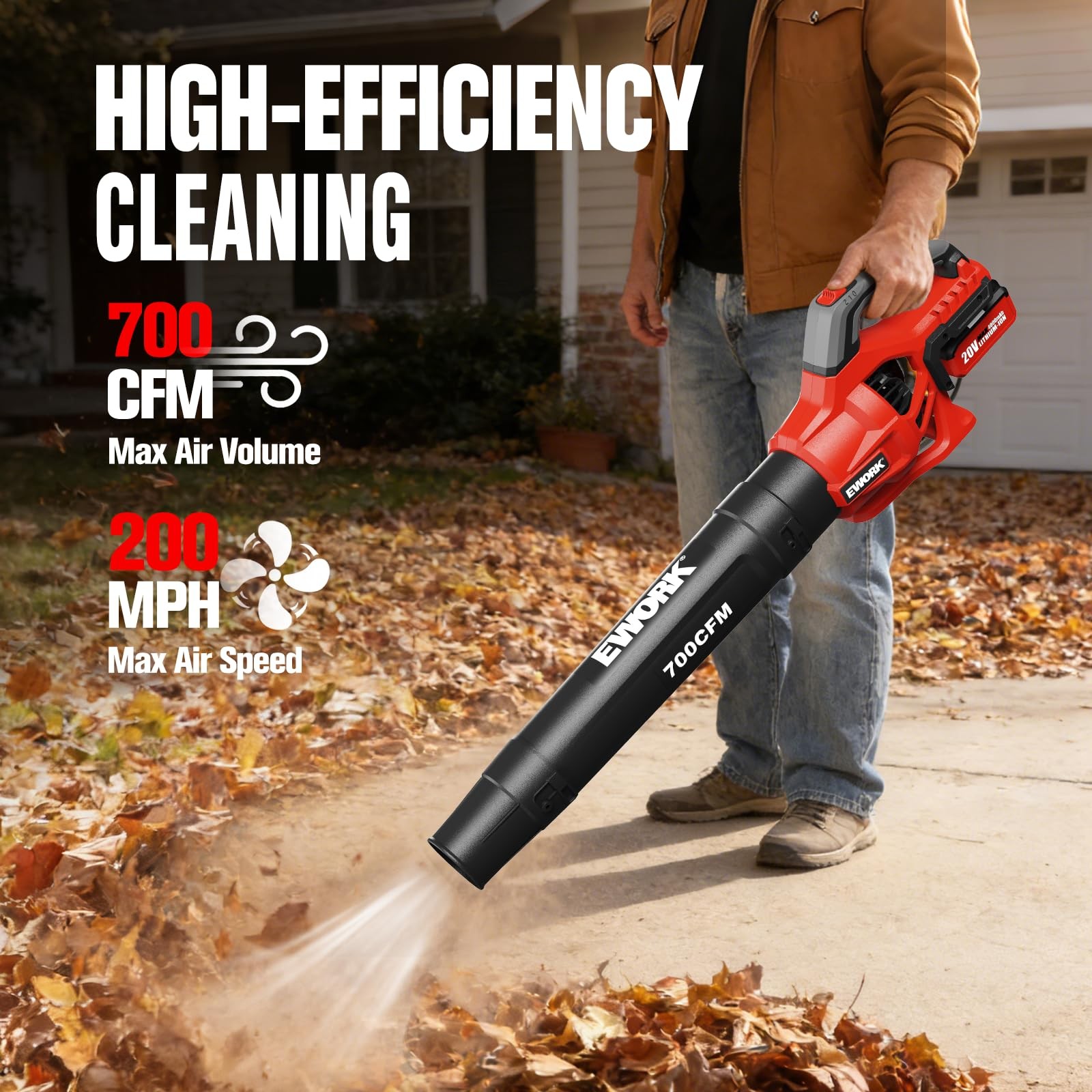 EWORK 20V Cordless Leaf Blower, Heavy Duty 700CFM 200MPH Electric Leaf Blower—