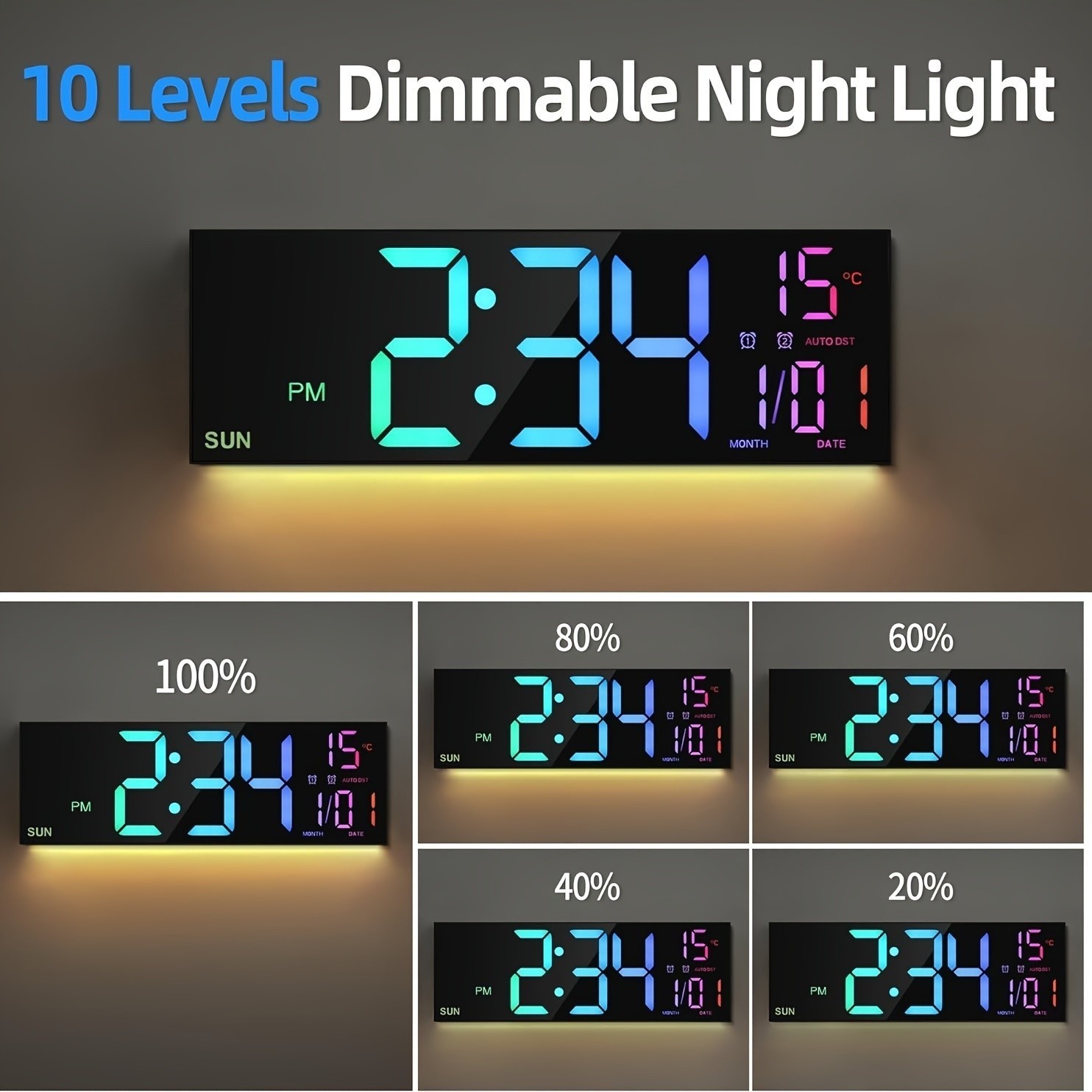 16” Large Digital Wall Clock with Remote Control Big LED Dual Alarm 8 RGB New