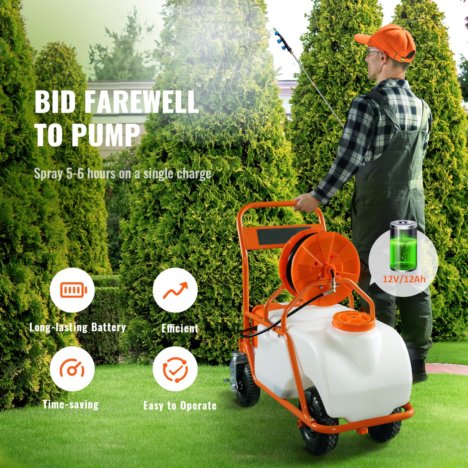 VEVOR Battery Powered Lawn Sprayer Cart Sprayer 15 Gal Tank w/ Wheels 0-90 Psi