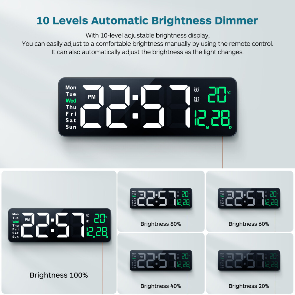 Large LED Digital Wall Clock Temperature Date Day Display USB Remote Control