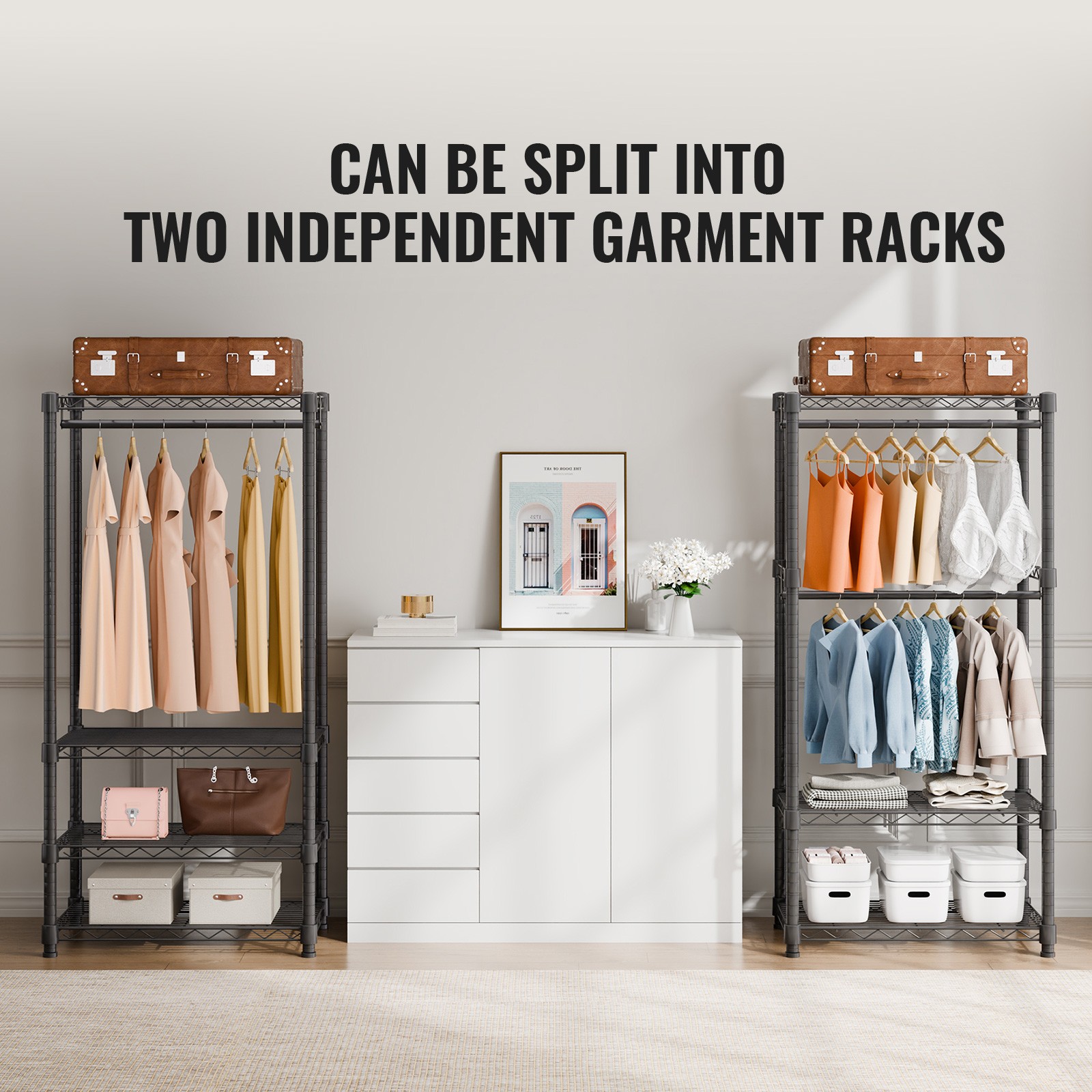VEVOR Clothes Rack Rolling Clothing Garment Rack 4 Hang Rods & 8 Storage Tiers