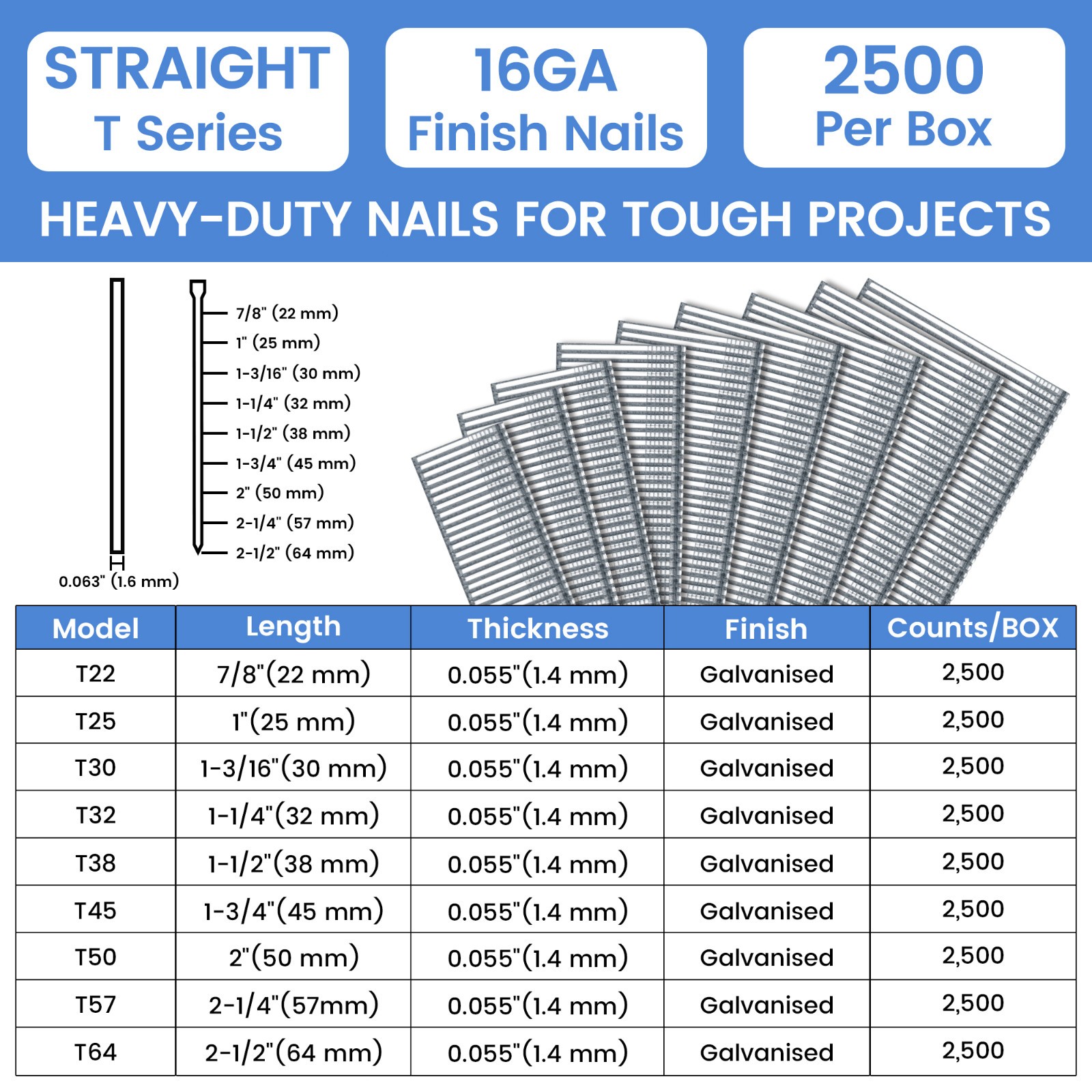 meite 16 Gauge 1-Inch Galvanized Straight Finish Nail Brad Nails