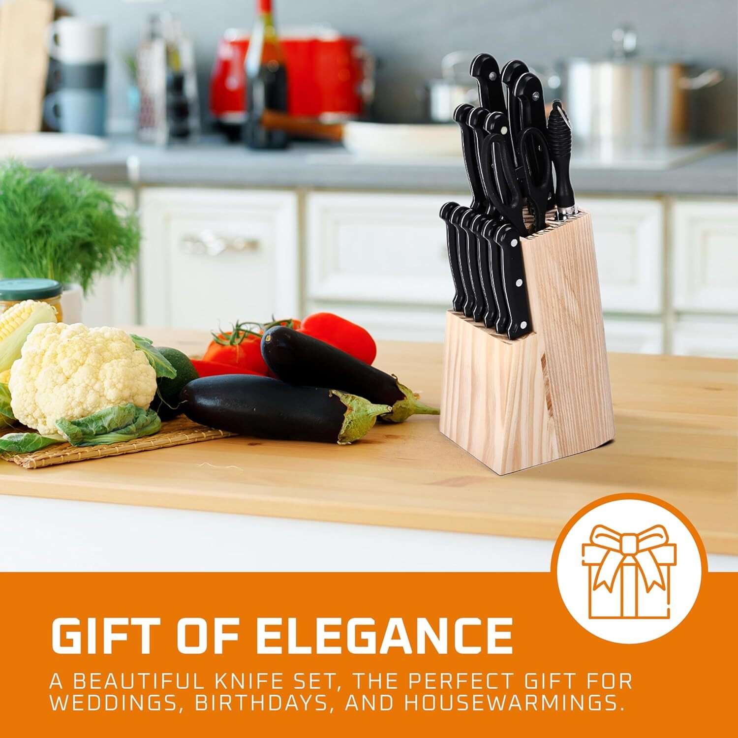 NEW 15-PIECE KITCHEN KNIFE WOOD BLOCK SET STAINLESS STEEL