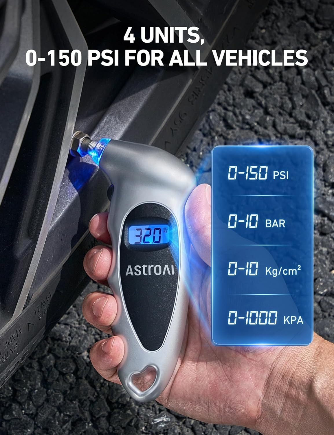 AstroAI Silver Digital Tire Pressure Gauge 0-150PSI Backlight LCD