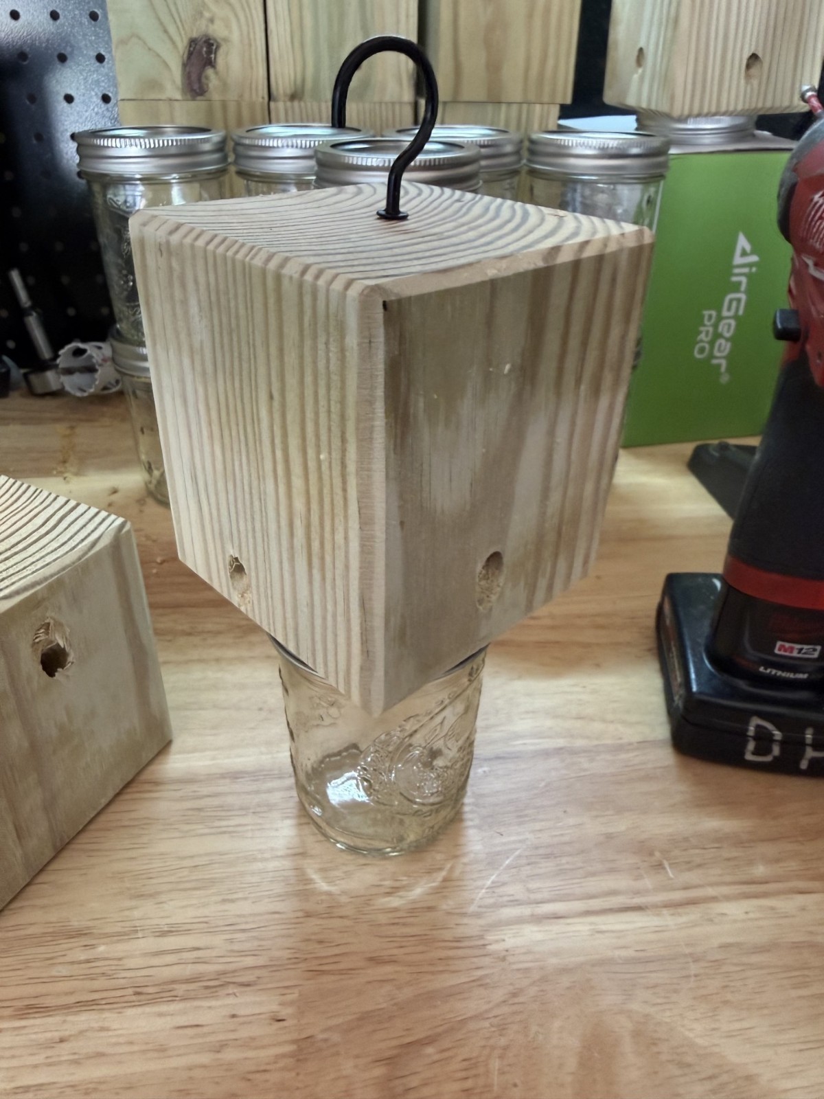 Set Of 2 Handmade Soft Pine Carpenter Bee Traps W/ Jars & Hooks- Free Shipping!