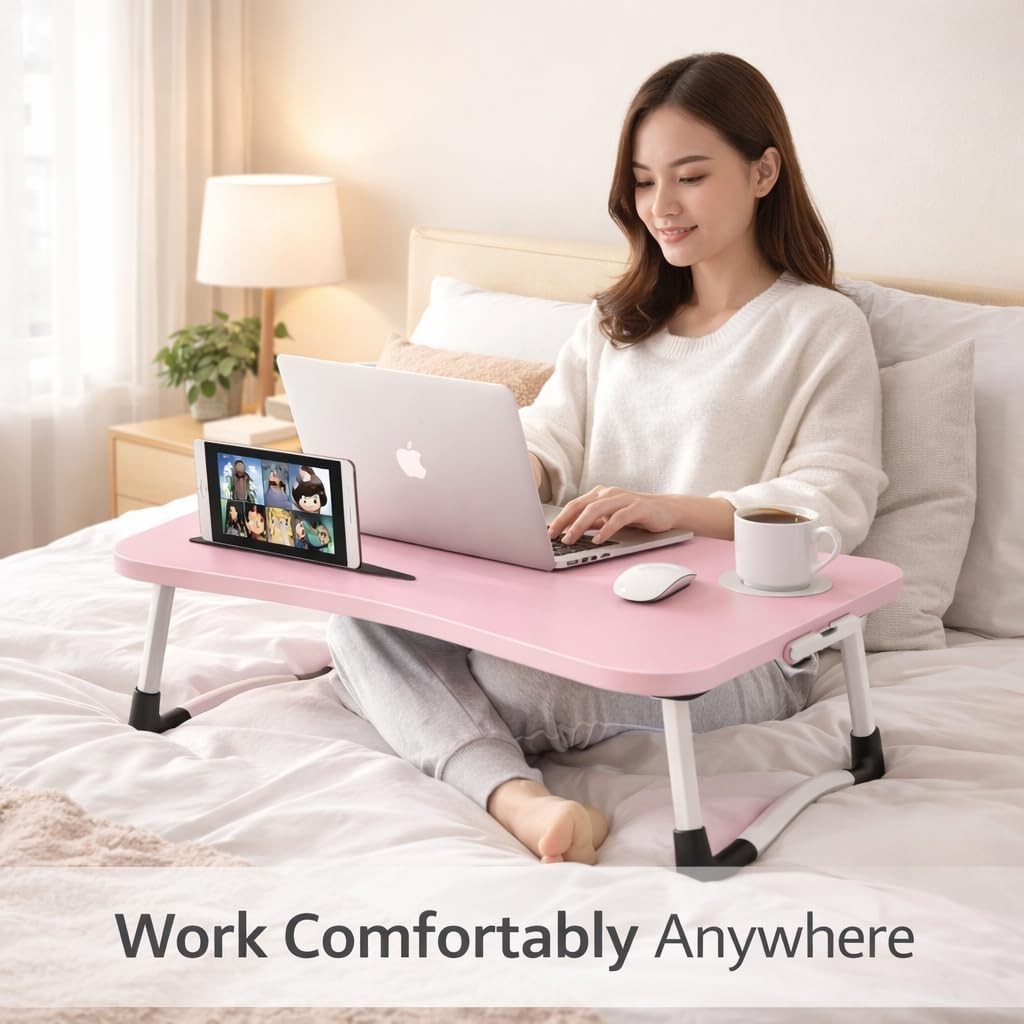 Foldable Laptop Table With Drawer – MDF Wood Desk With Cup Holder, Tablet Slot