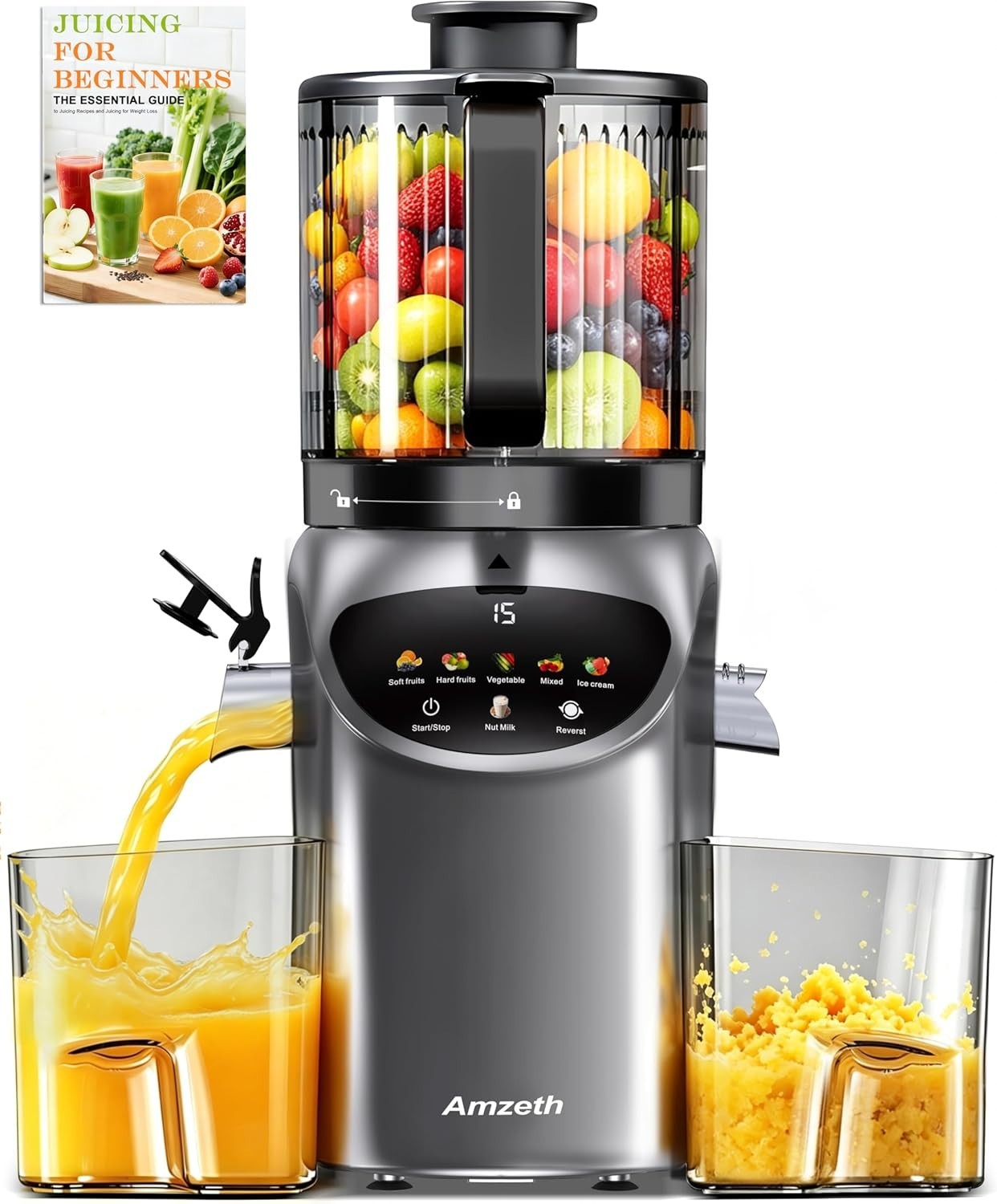 4 in 1 Cold Press Juicer 6.5 Extra Large Feed Chute 450W Pulp Juice Sorbet Milk