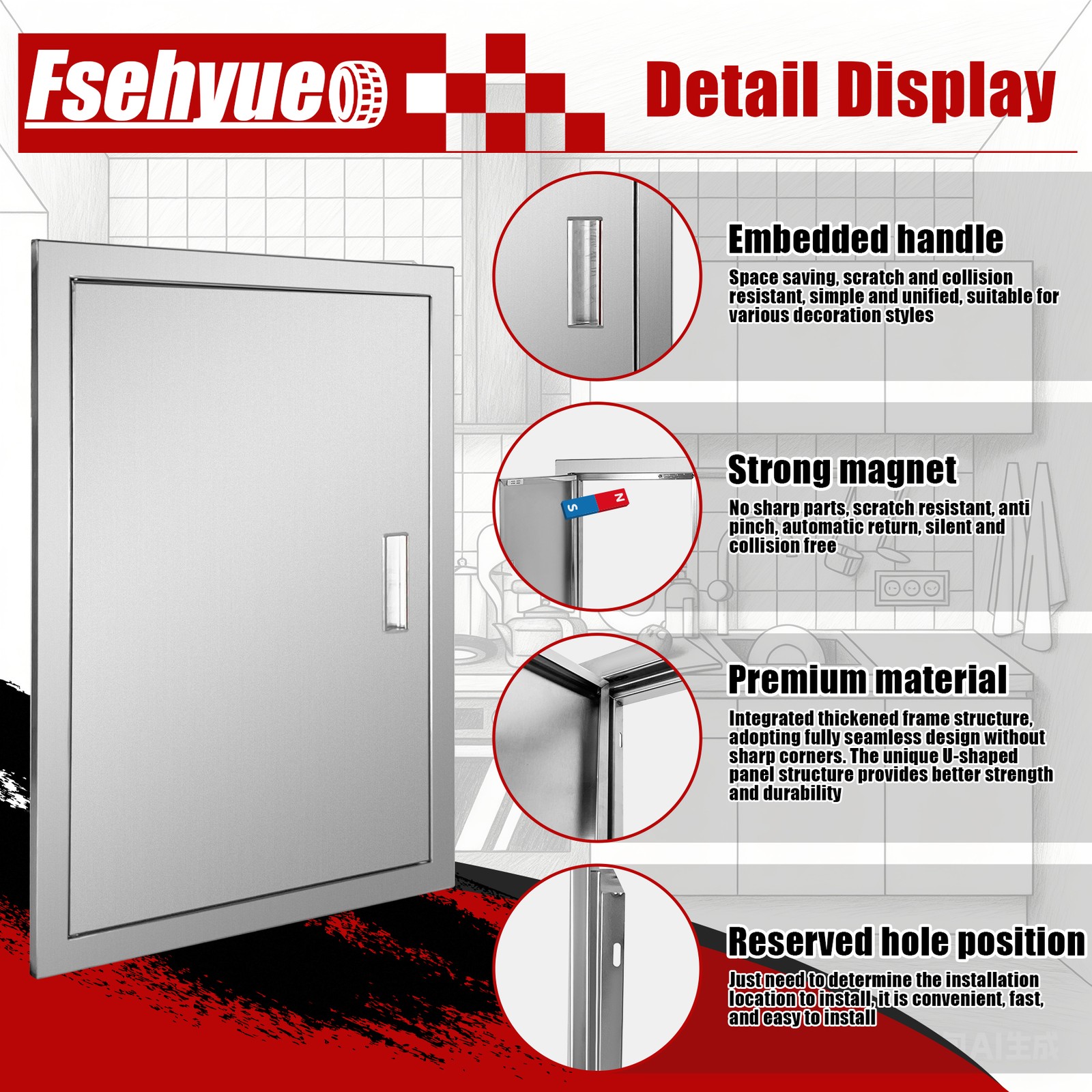BBQ Access Door 27H x 20W Inch Stainless Steel Flush Mount Outdoor Kitchen Doors