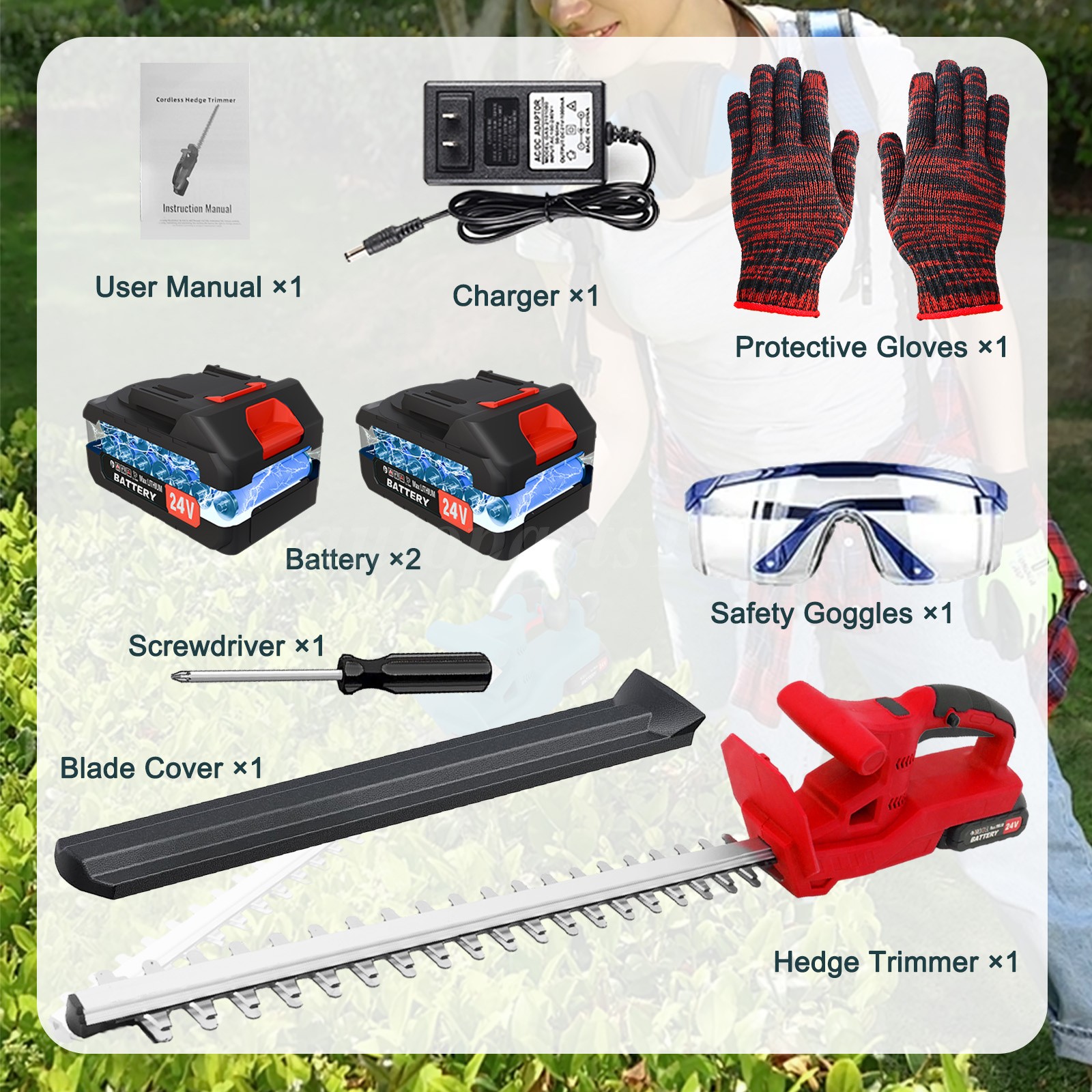 20/22In-24V Cordless Hedge Trimmer Cordless Electric Hedge Trimmer w/2 Batteries