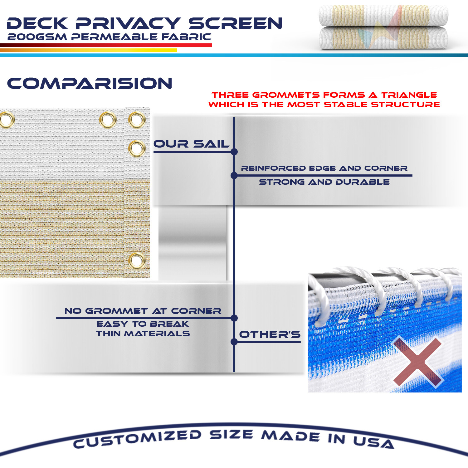 Beige White stripes Privacy Screen Fence Patio Deck Balcony Porch w/Grommets