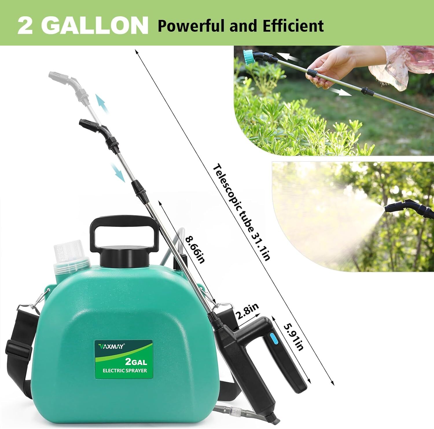 Battery Powered Sprayer 2 Gallon Powerful Electric Sprayer with 3 Mist Nozzles