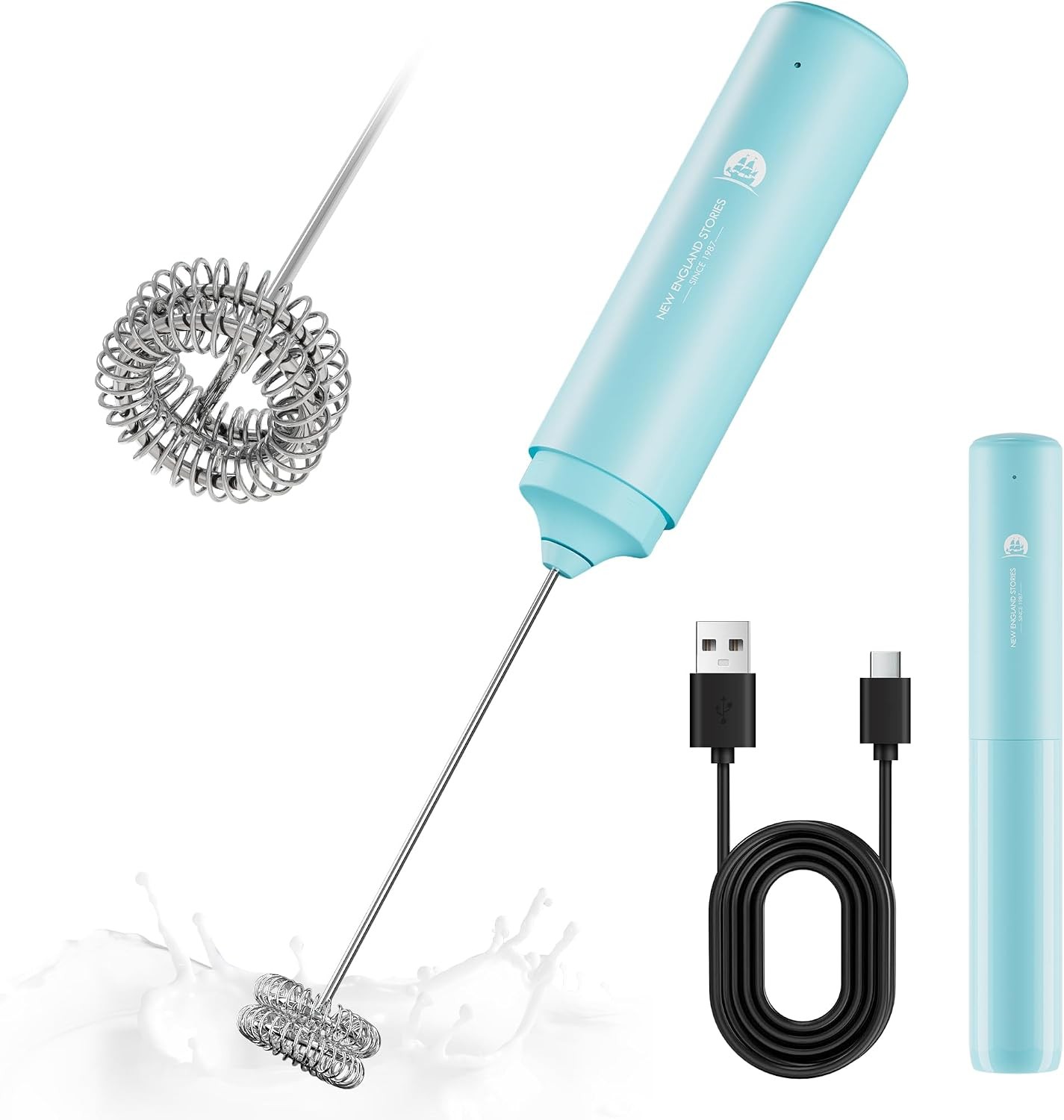 Rechargeable Handheld Milk Frother 2-IN-1 Dual Spring Electric Wand for Latte