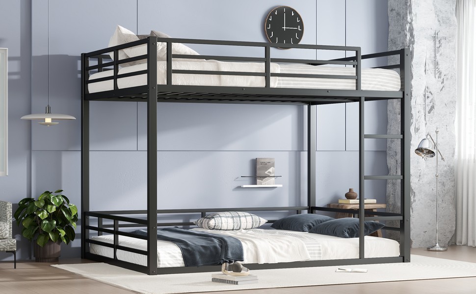 Metal Bed Frame Queen over Queen Bunk Bed for Teens and Adults Bedroom Black Bed