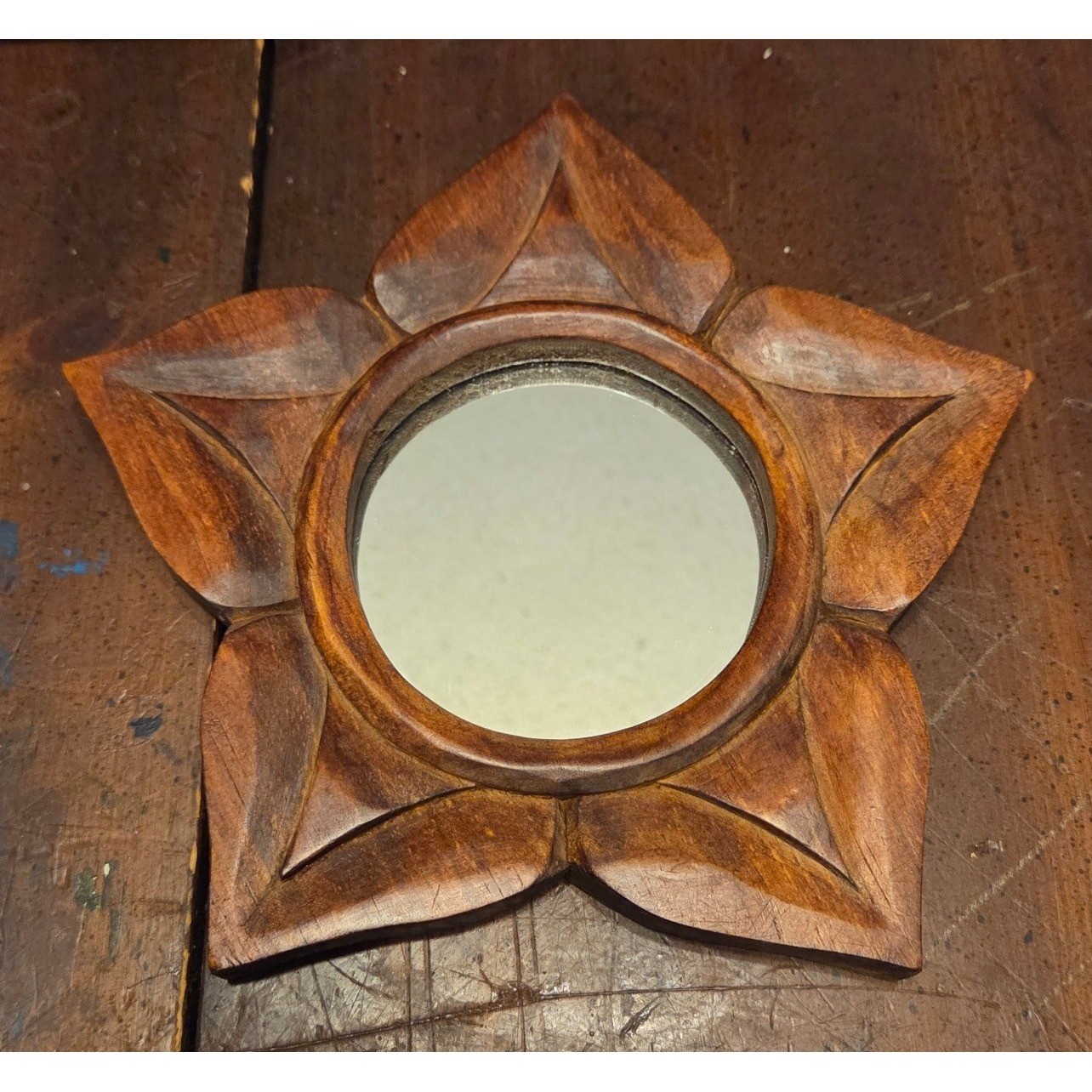 World Market Star Mirror 8.5in Brown Carved Wood Boho Wall Decor Indonesia
