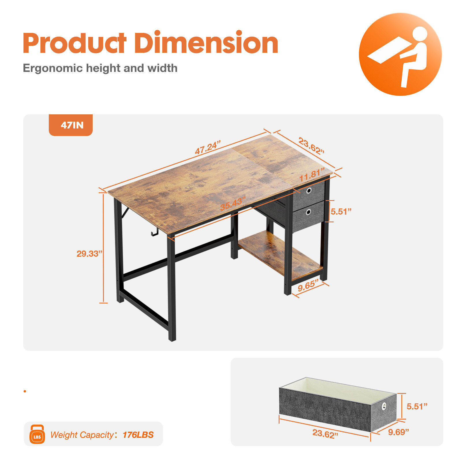 40/47″ Home Office Computer Desk with 2 Storage Drawers,Small Modern Study Table