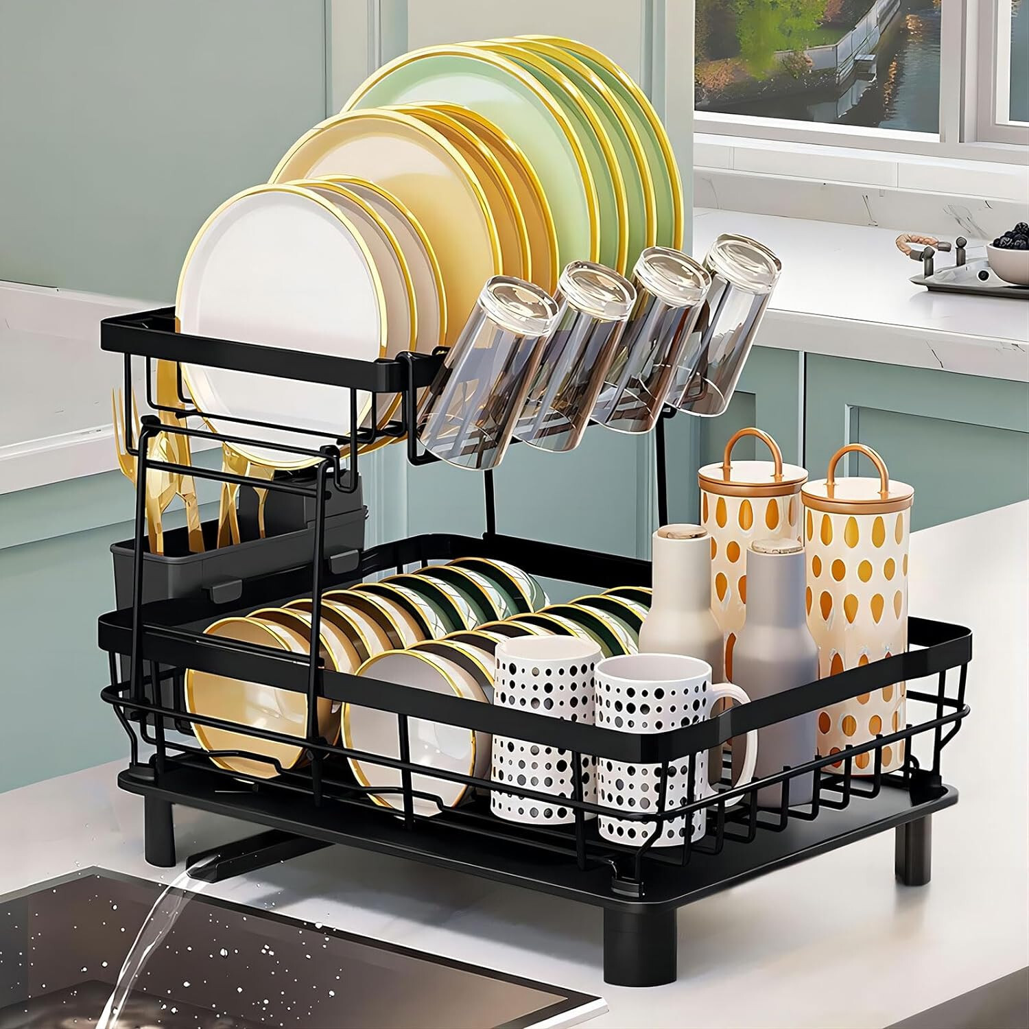 2 Tier Over Sink Dish Drying Rack Stainless Steel Kitchen Dish Drainer organizer