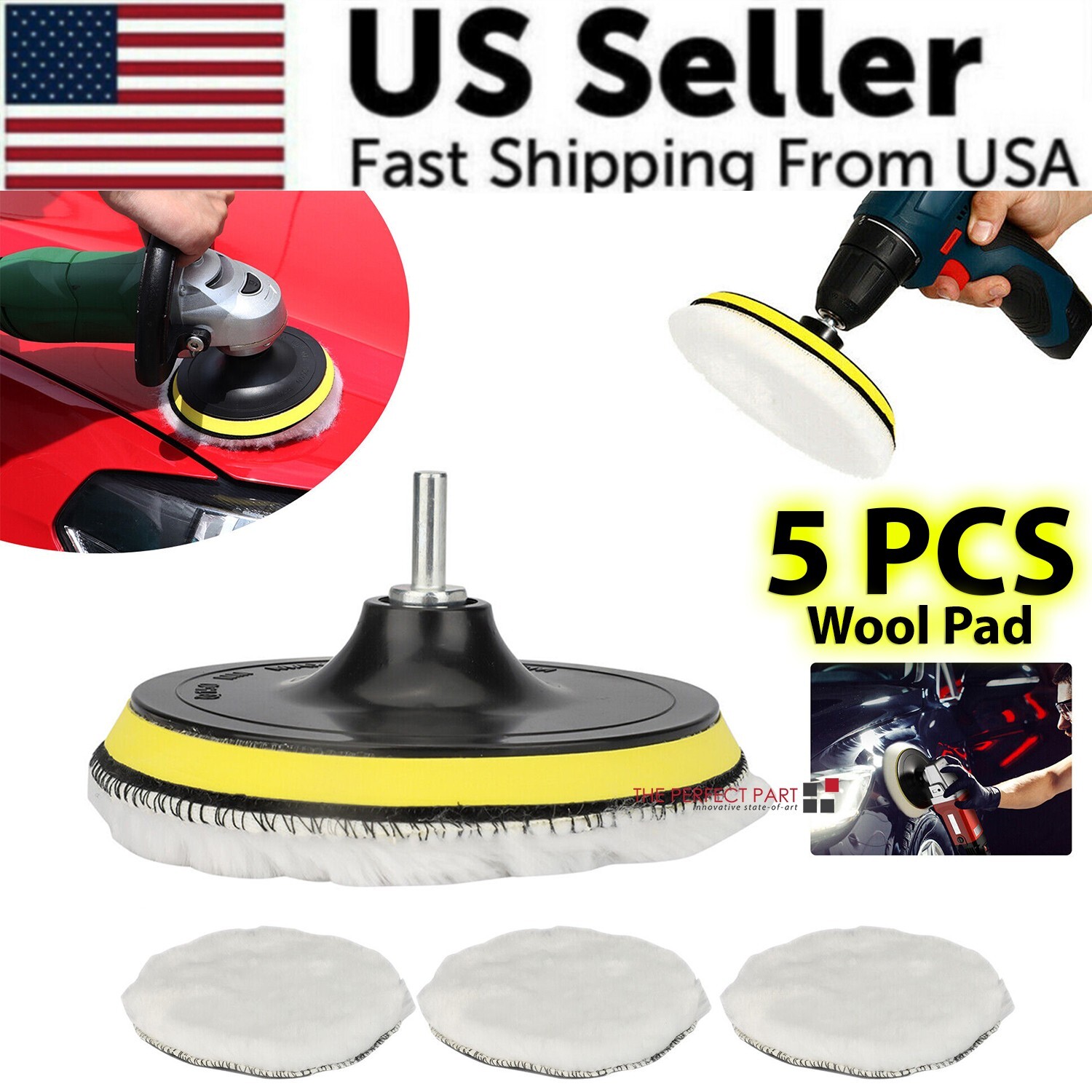 5PCS 6″ Buffing Polishing Pad Wool Wheel Mop Kit For Car Polisher Drill Adapter