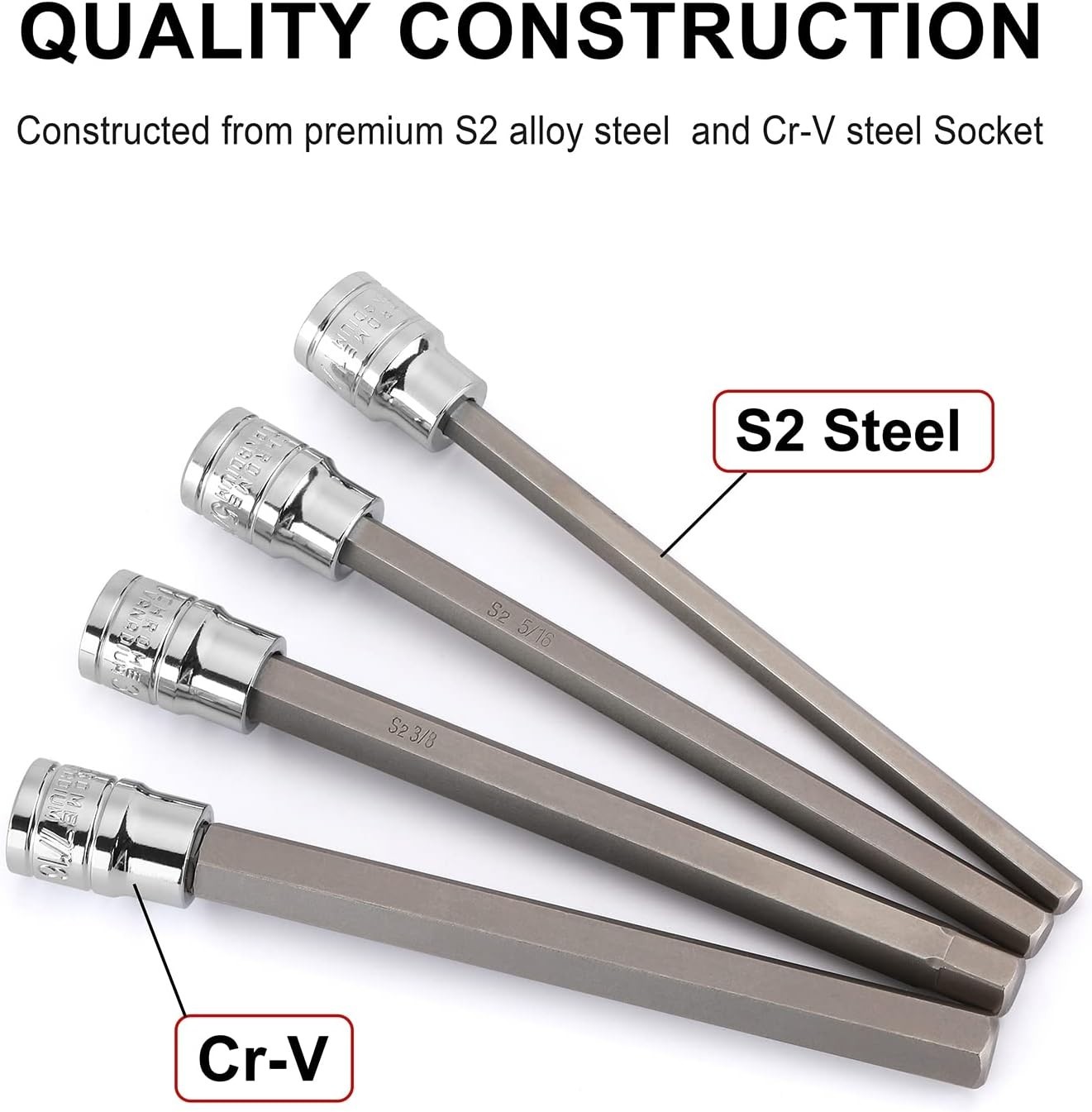 10 Pieces 3/8 Inch Drive Long Hex Bit Socket Set, 1/16 Inch to 1/2 Inch, SAE,…