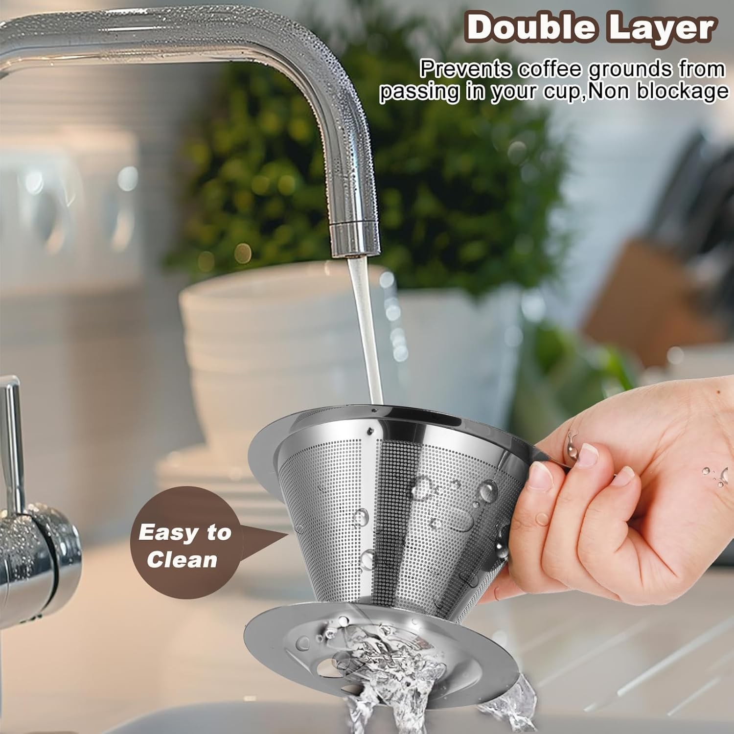 Upgraded Stainless Steel Pour Over Coffee Filter – Reusable, Easy Clean, Large