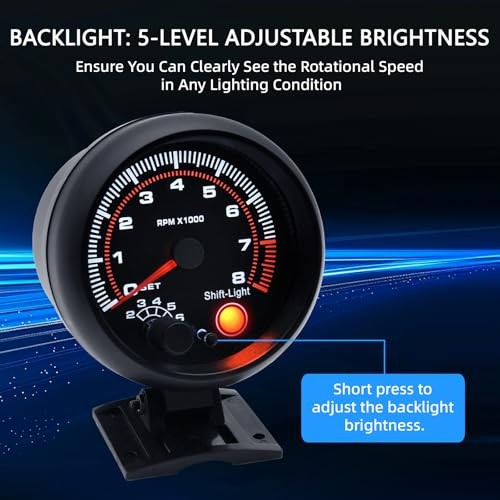 RPM Tachometer Gauge with Shift Light for Car 0-8000 RPM 3-3/4″ 95mm Tach
