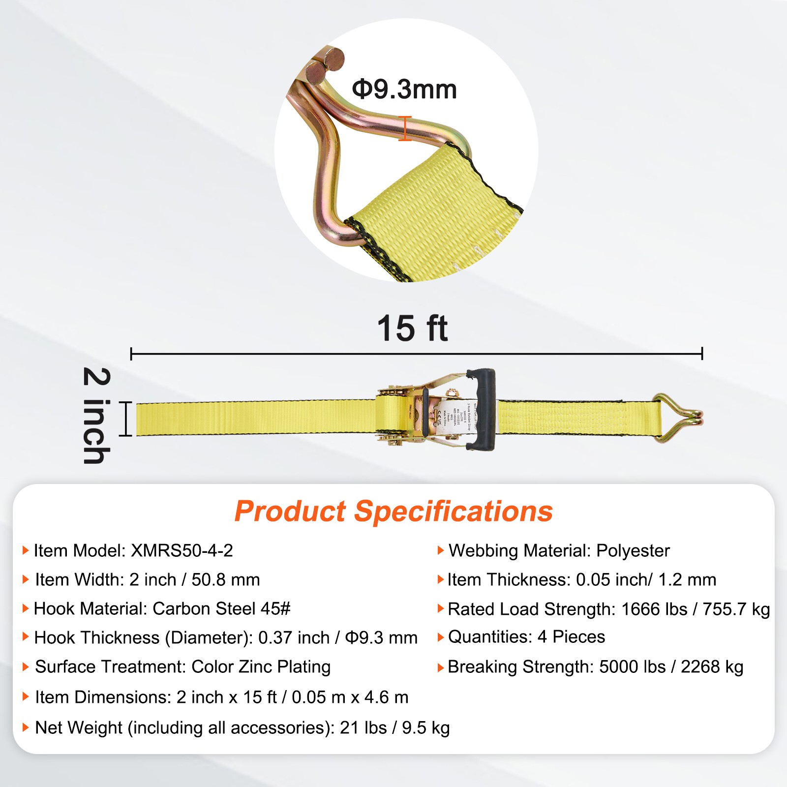VEVOR 4 Pack Ratchet Tie Down Straps 5000 lbs 2″ x 15′ Heavy Duty Double J Hook