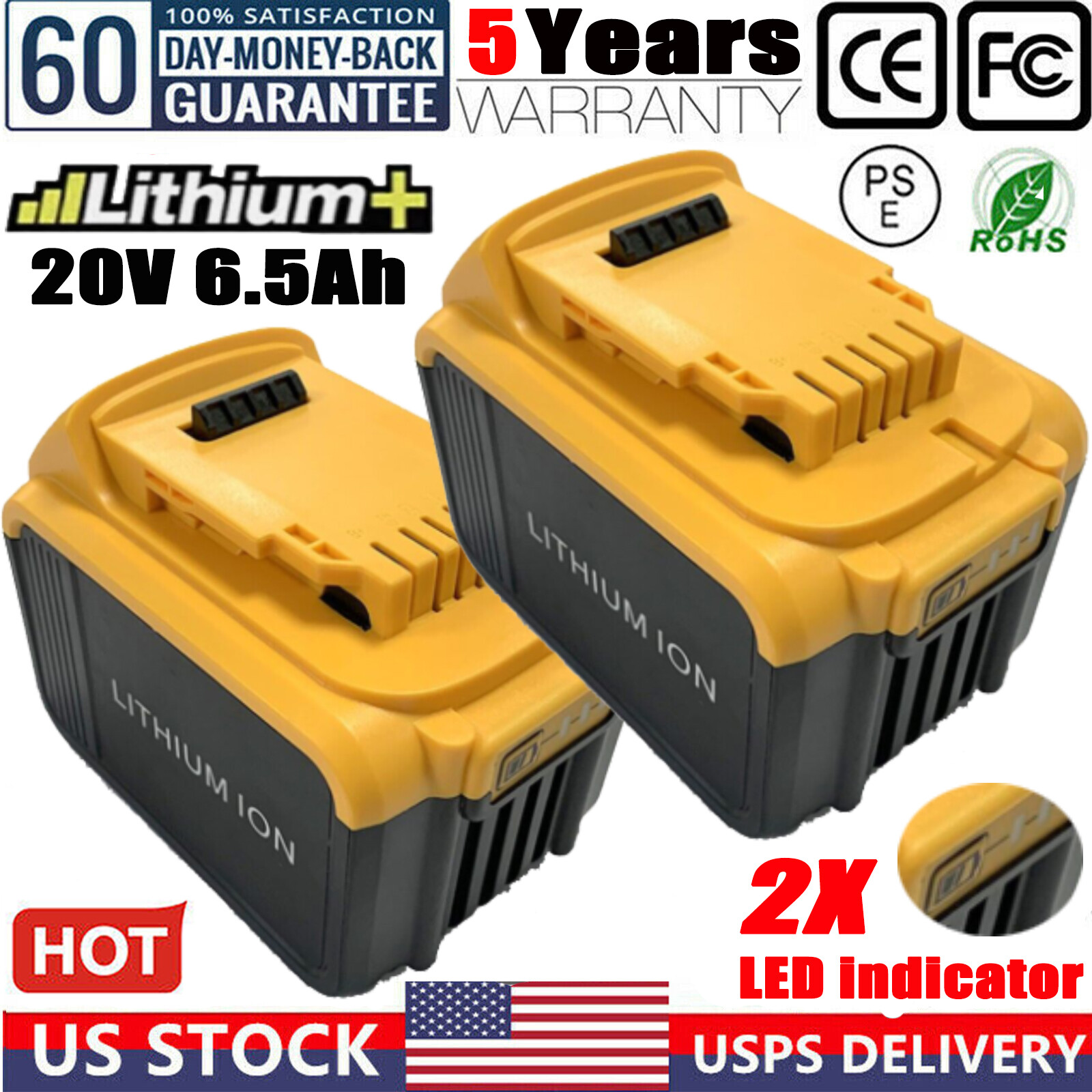 ✅2PACK FOR DEWALT 20V 20 VOLT MAX XR 6.5AH LITHIUM-ION BATTERY DCB206-2 DCB205-2