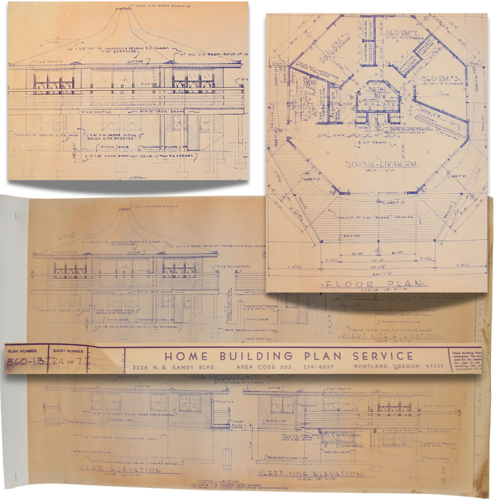 OCTAGON HOUSE PLANS Vintage 1950s Blueline Blueprint Set Mid-Century Modern Rare