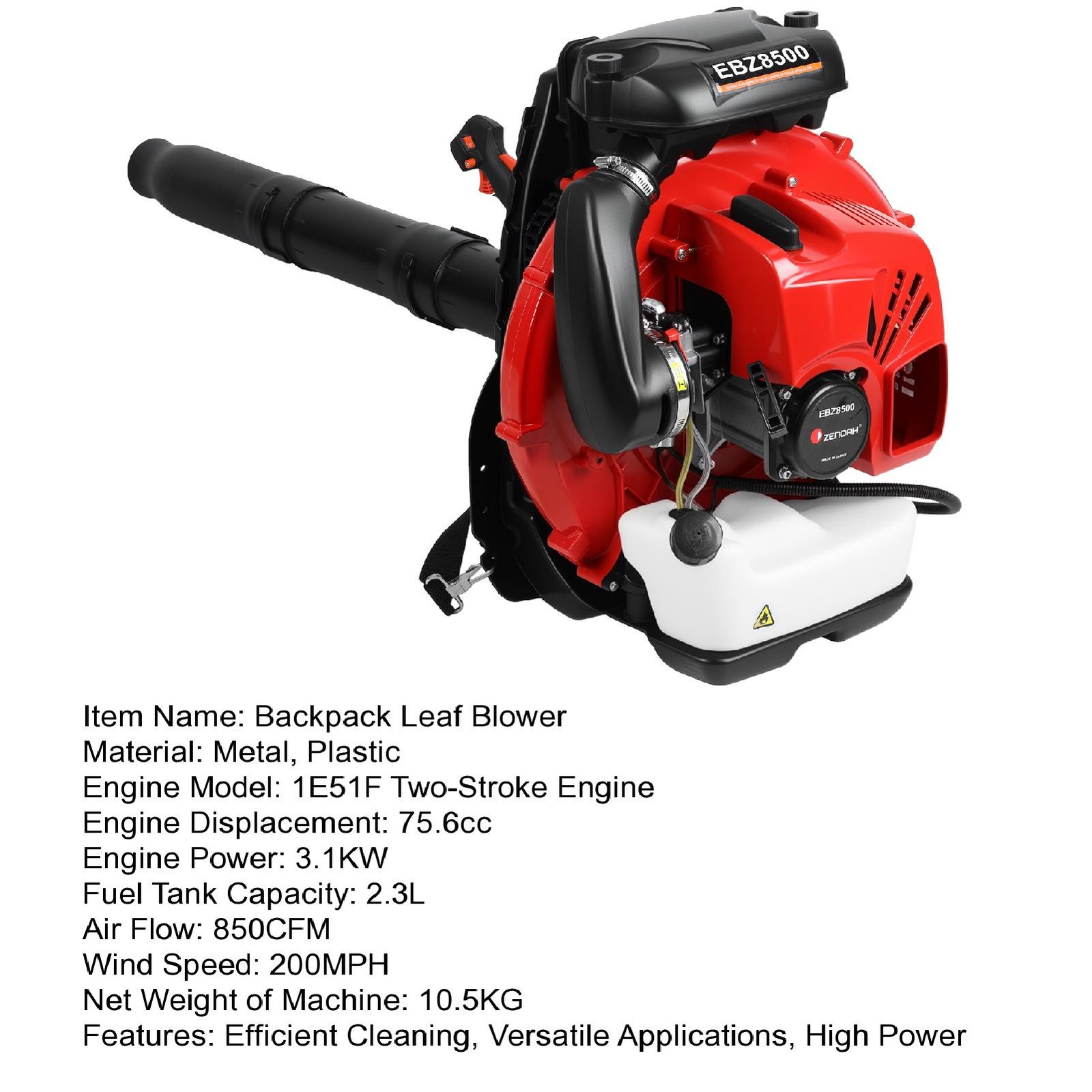 Backpack Gas Leaf Blower, 75.6cc 2 Stroke Engine, 850CFM, 200MPH 2.3L Fuel Tank