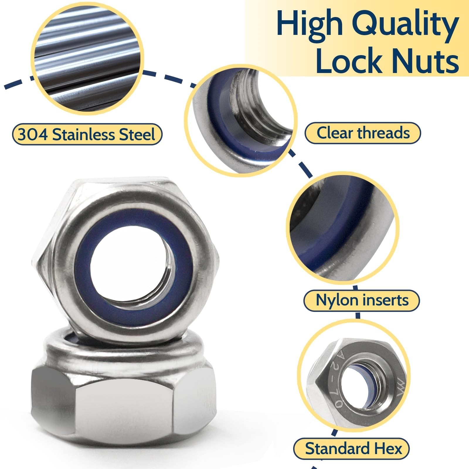 190 Pack M5-0.8mm Nylon Insert Hex Lock Nuts, 304 Stainless Steel A2-70 Lockn…