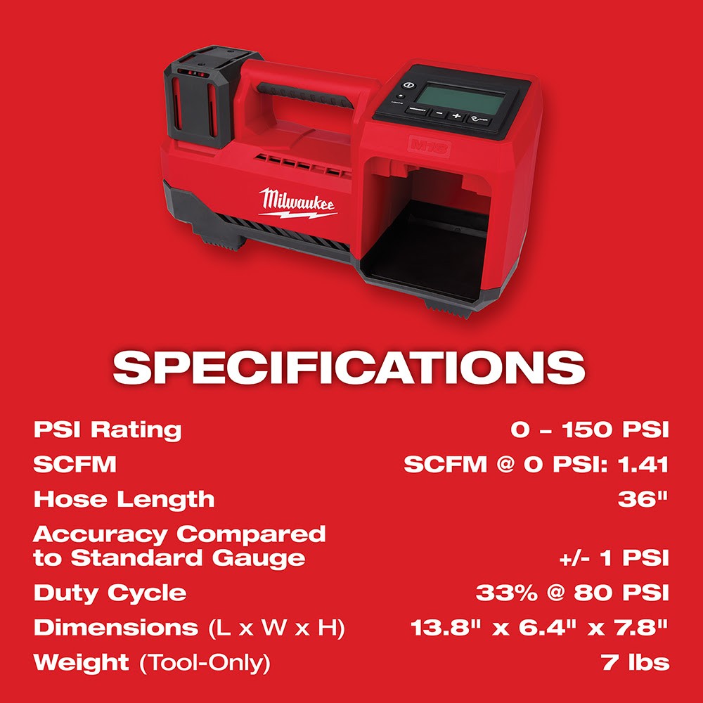 Milwaukee 18V M18 Cordless Compact Tire Inflator, On-Board Hose & Nozzle Storage
