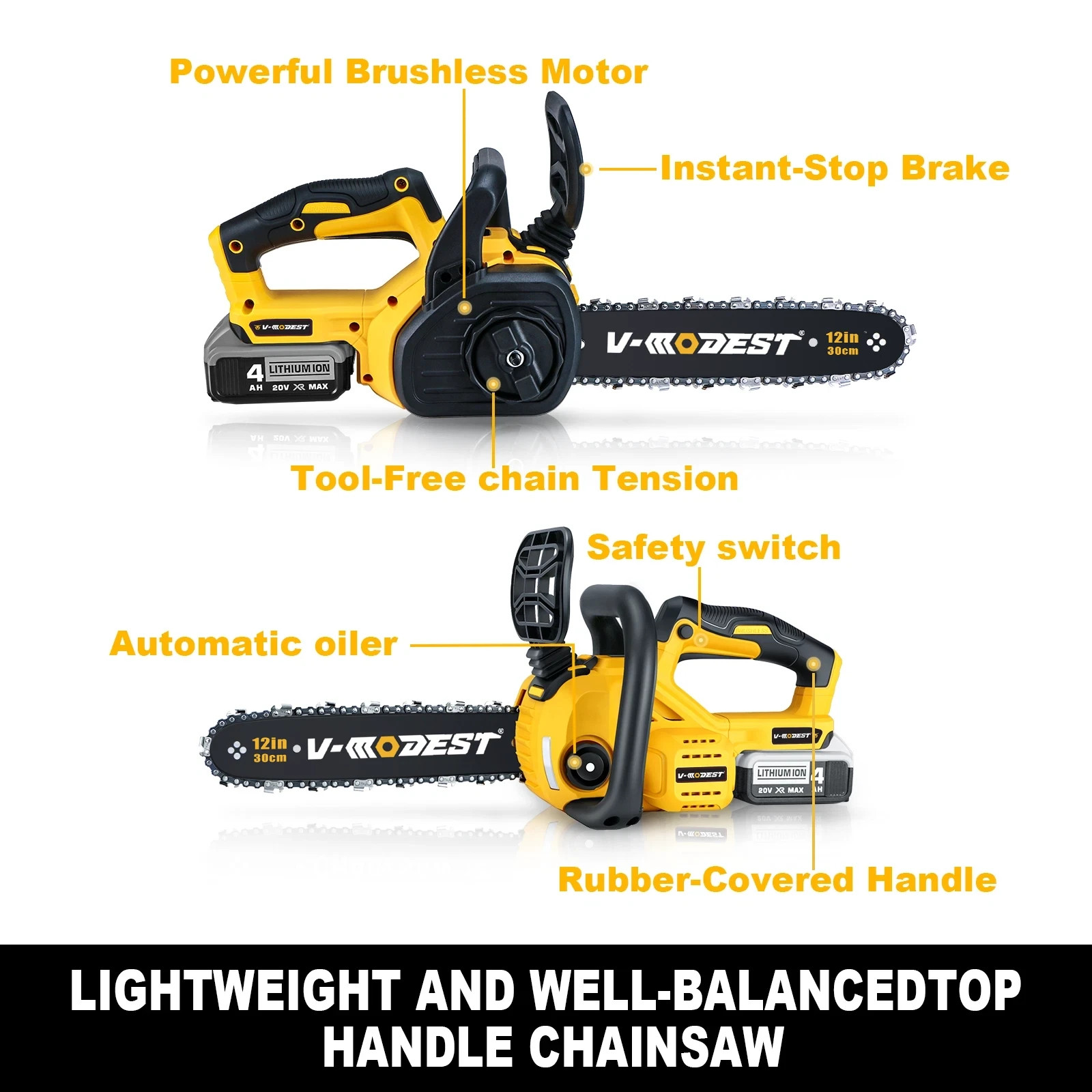 Fit DEWALT 20V MAX Battery Brushless 12 in. Compact Cordless Chainsaw w/2 chains