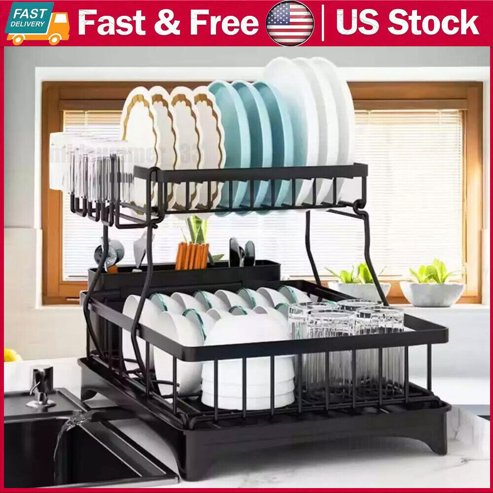 Over Sink Dish Drying Rack 2-Tier Stainless Steel Kitchen Shelf Cutlery Drainer