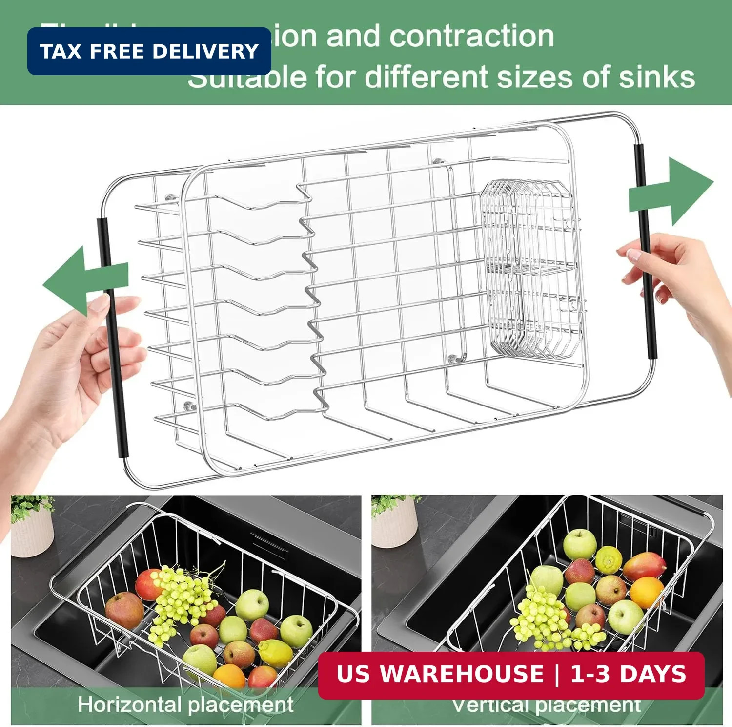 Dish Drainer Rack in Sink Adjustable, Expandable 304 Stainless Steel Metal Dish