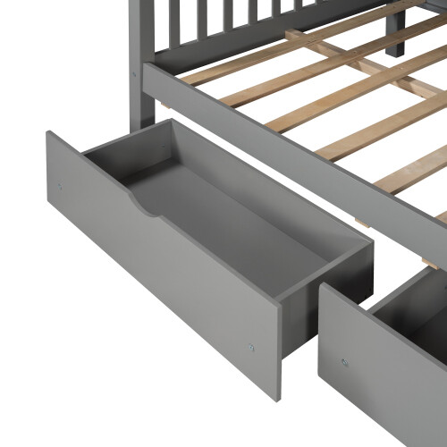 Full Over Full Bunk Bed w/ 6 Storage Drawers & Stairs For Kids Teens Adults Gray