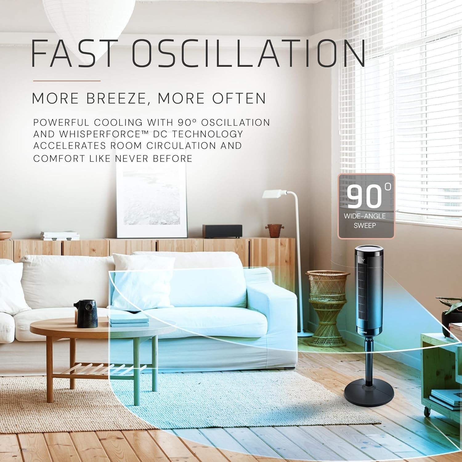 Elevation Adjustable Tower Fan 42”-54”, Pedestal Fan, 31 ft/s Airflow, Quiet …
