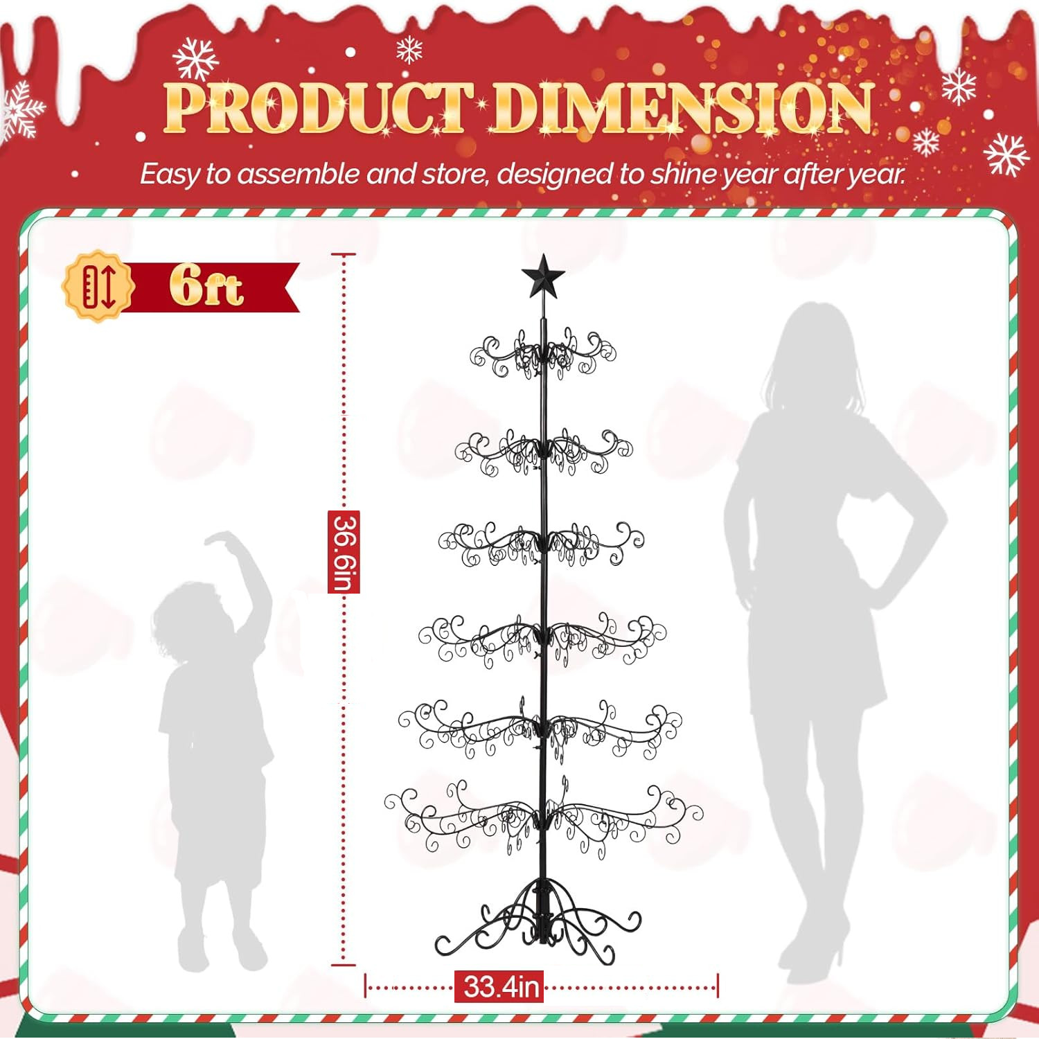 6 ft Wrought Iron Ornament Display Christmas Tree with Base Indoor Outdoor Decor