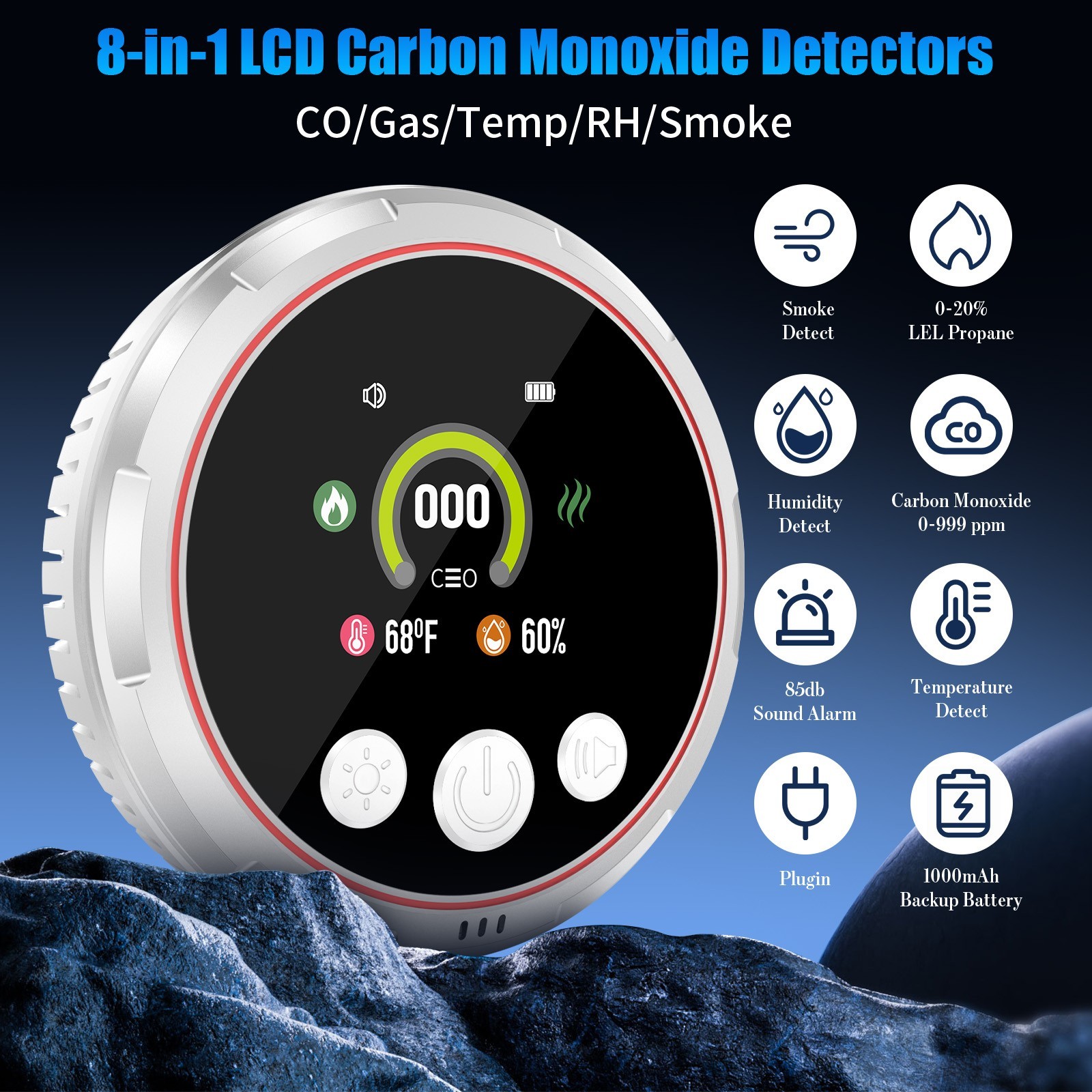 Portable 5-in-1 CO Detector with Smoke & Natural Gas, Plug-in Safety Alarm