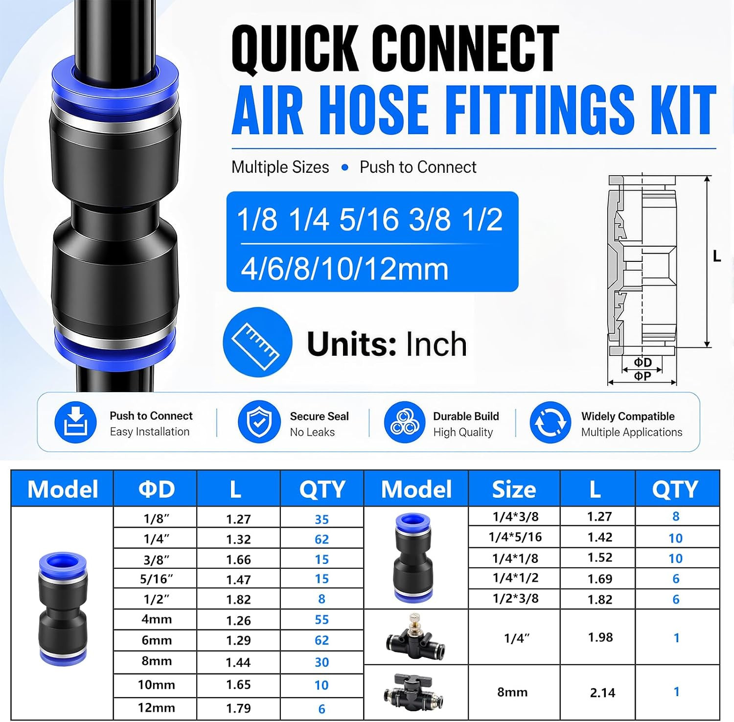 340PCS Quick Connect Air Hose Fittings,4/6/8/10/12Mm&1/8 1/4 5/16 3/8 1/2 Inch P
