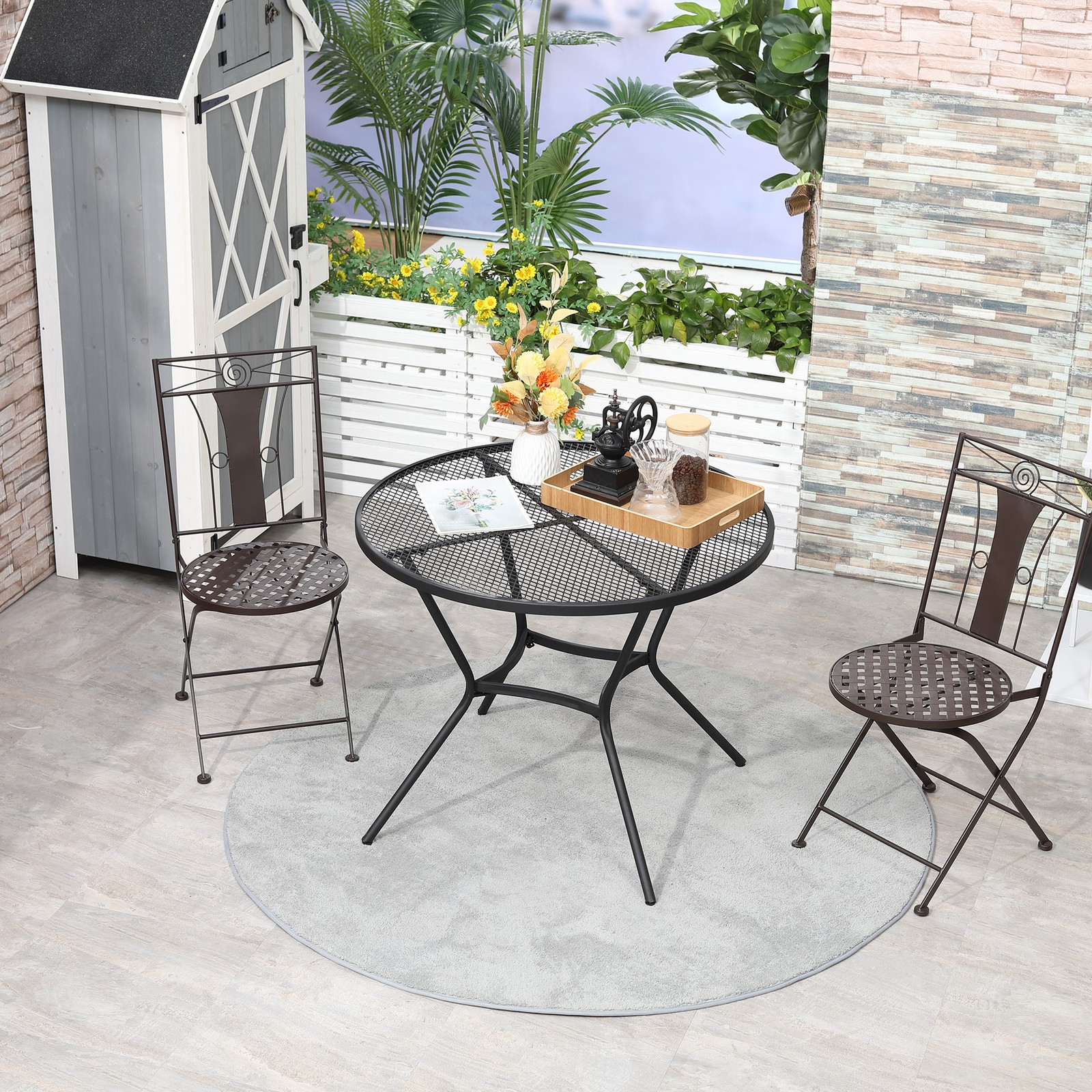 35in Round Patio Bistro Table Metal Mesh Top French Cafe Style Black
