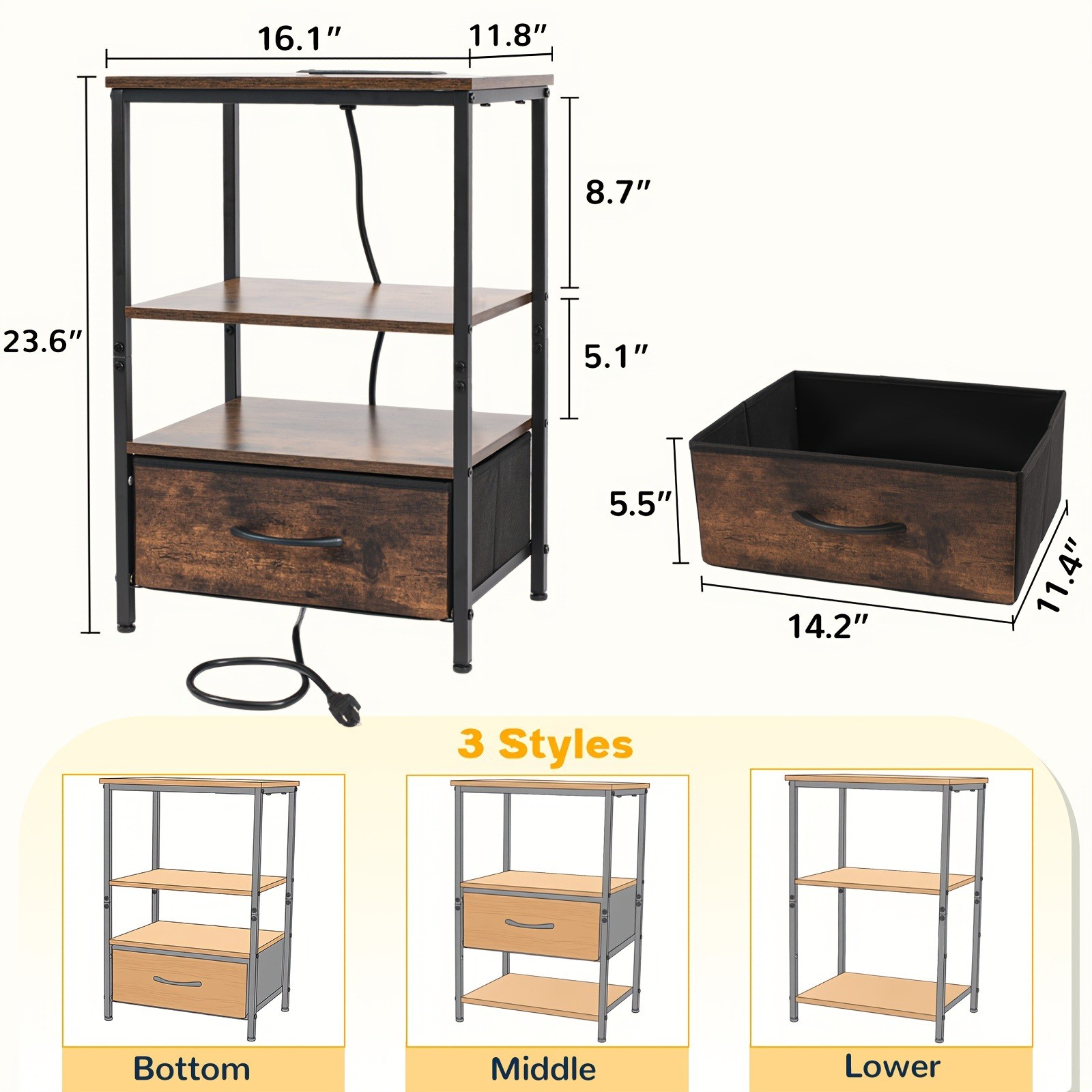 Led Nightstand with Charging Station 2 Drawers Night Stand Black Bedside Table