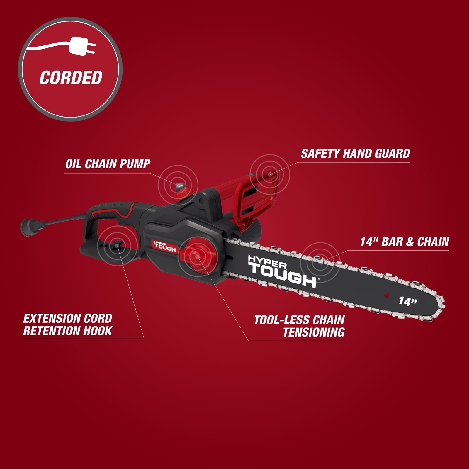 Hyper Tough 14 in Electric Corded Chainsaw, 9-Amp Motor, Laminated Bar,