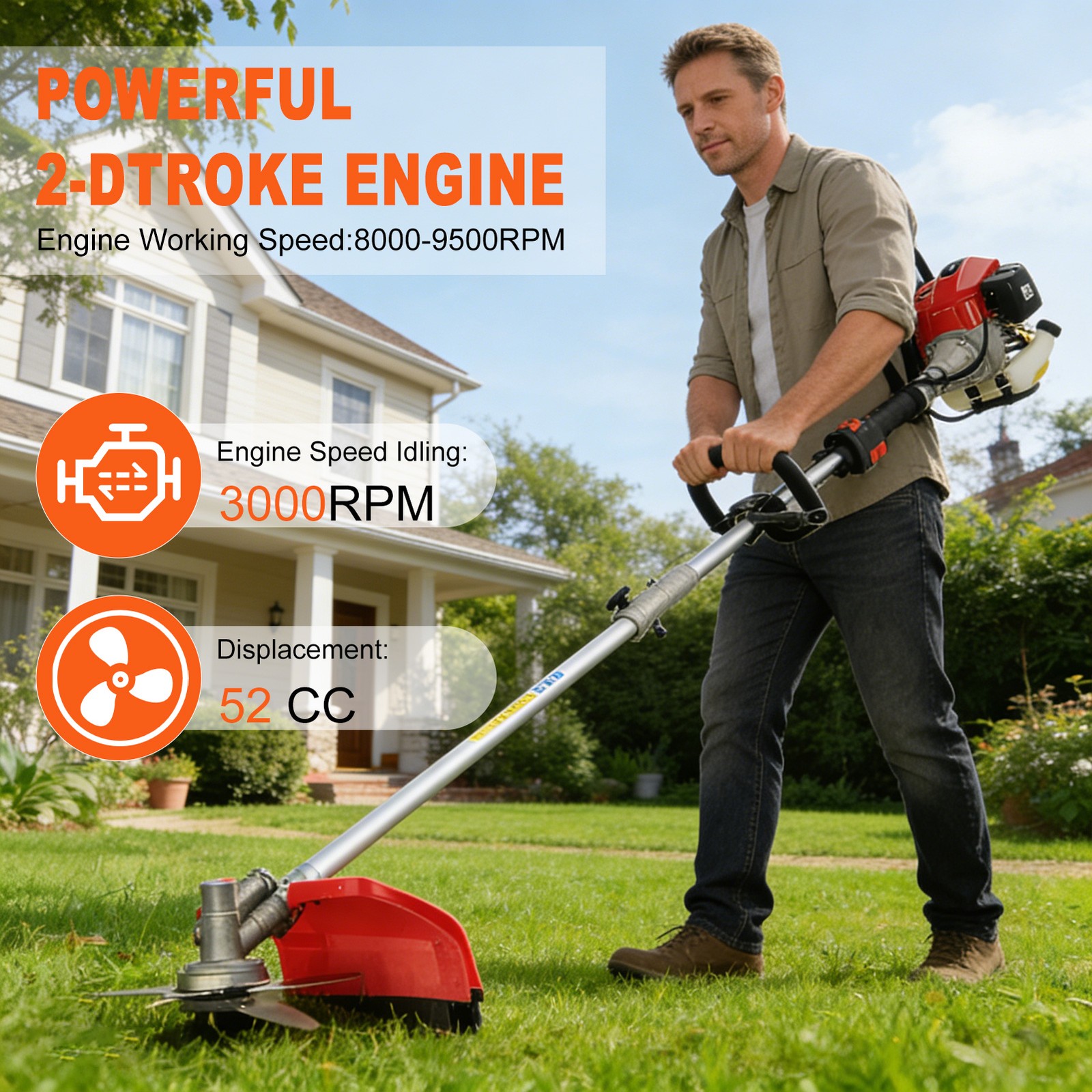 52CC 2 Stroke 5 in 1 Lawn Mower Brush Cutter Hedge Trimmer Chainsaw 70.9in