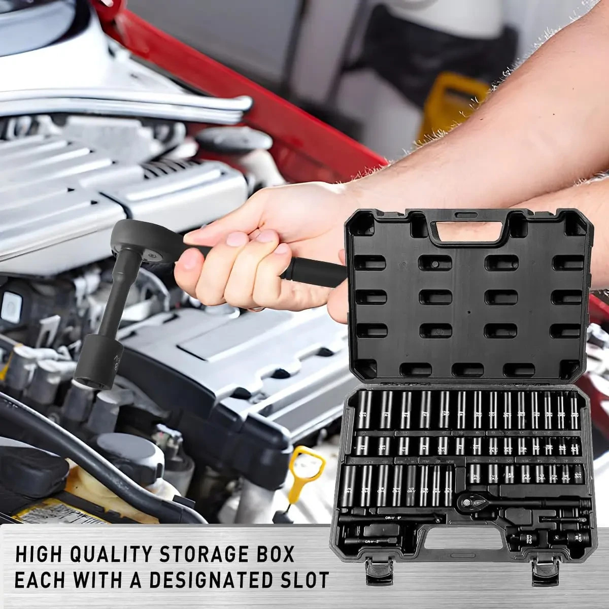 Bourvill 50Pcs 3/8 Drive Impact Socket Set SAE Metric 6 Point Cr-V Steel Case NE