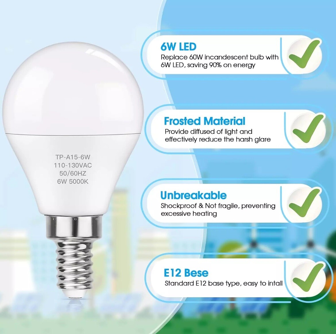 E12 LED Bulbs 60W Equivalent Daylight White 4000K Ceiling Fan Light Bulbs 6 Pack
