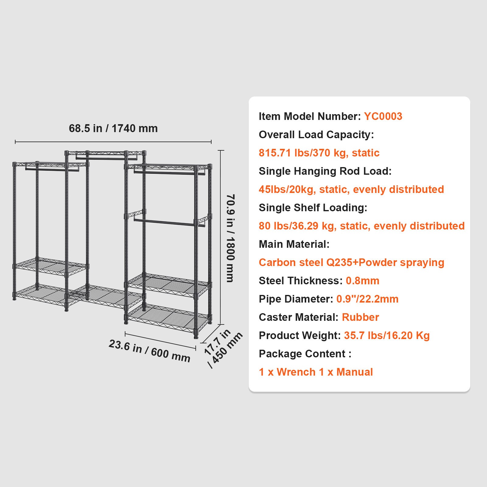 VEVOR Clothes Rack Rolling Clothing Garment Rack 4 Hang Rods & 8 Storage Tiers