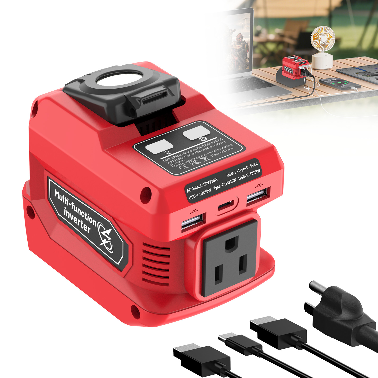 220W Power Inverter for Milwaukee 18V Battery DC 18V to 110V AC Portable USB LED